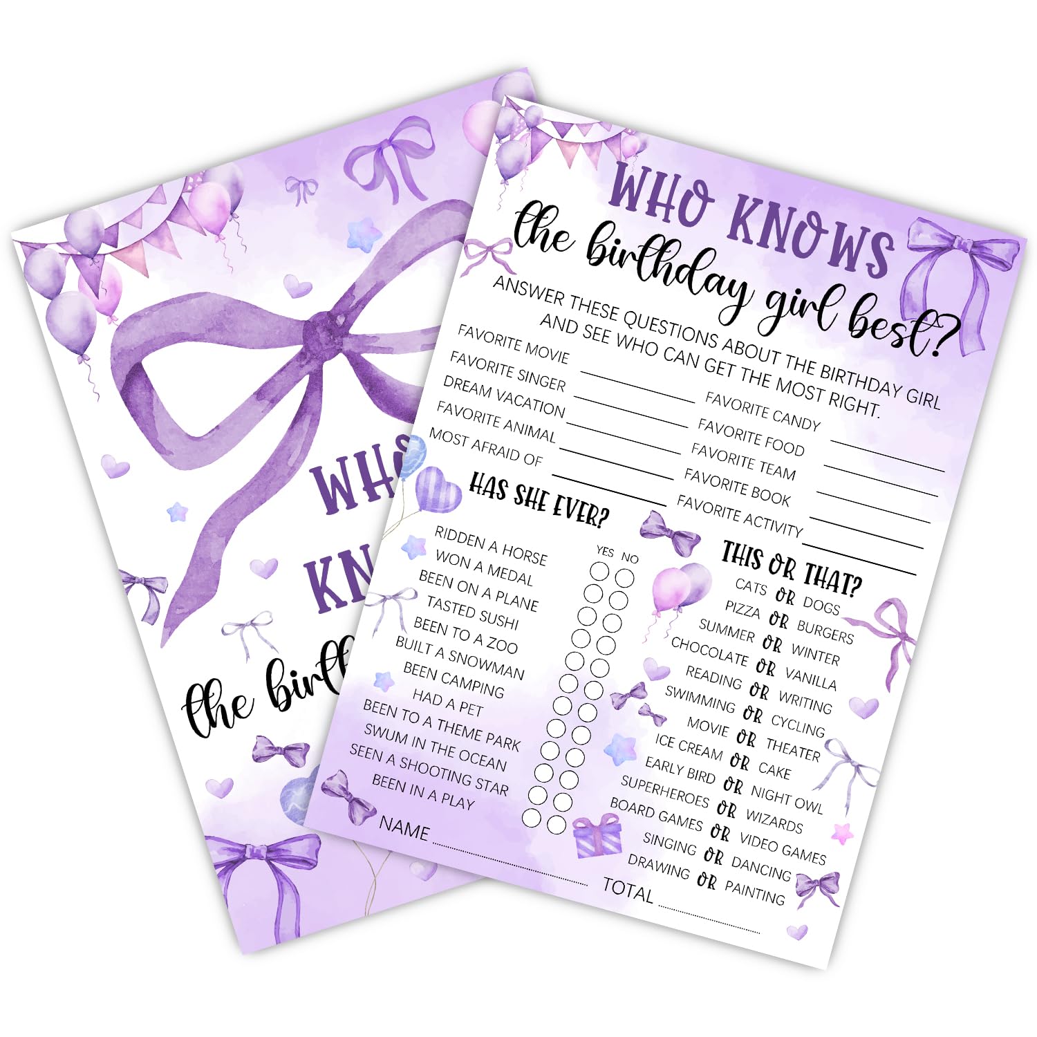 MUZRUYOU Who Knows The Birthday Best - Purple Party Games Card Set - Purple Bow Themed Sleepover Slumber Party Supplies - Birthday Night Games