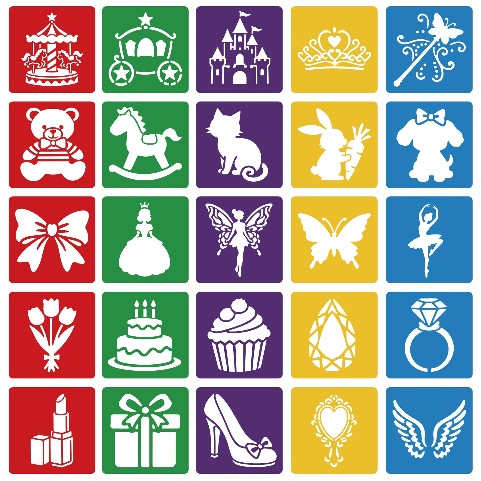 CUTHOLLOW 25 PCS Painting Stencils Sets, 20cm Reusable Washable Plastic Drawing Template Sidewalk Chalk Art Stencils Kit with Princess Element Themed Primary Shape for Craft Room Wall Paper
