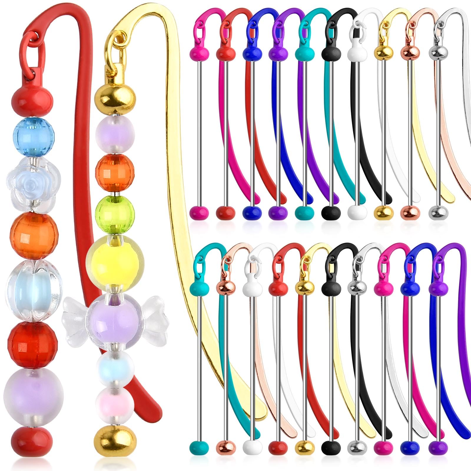 Boocalny 20 Pieces Beadable Bookmarks, Metal DIY Bookmarks Blank Pendant Bar, Book Charms Bookmark with Bead Chains, Beaded Book Mark Craft Lanyards