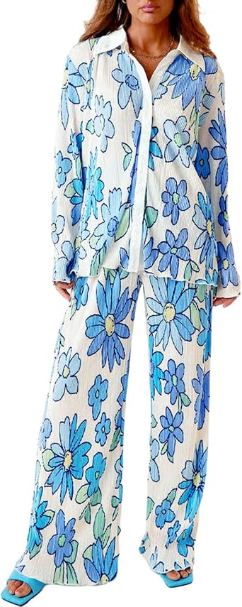 Women Two Piece Outfits Pleated Pants Sets Vintage Floral Long Sleeve Button Down Shirts Wide Leg Palazzo Pants