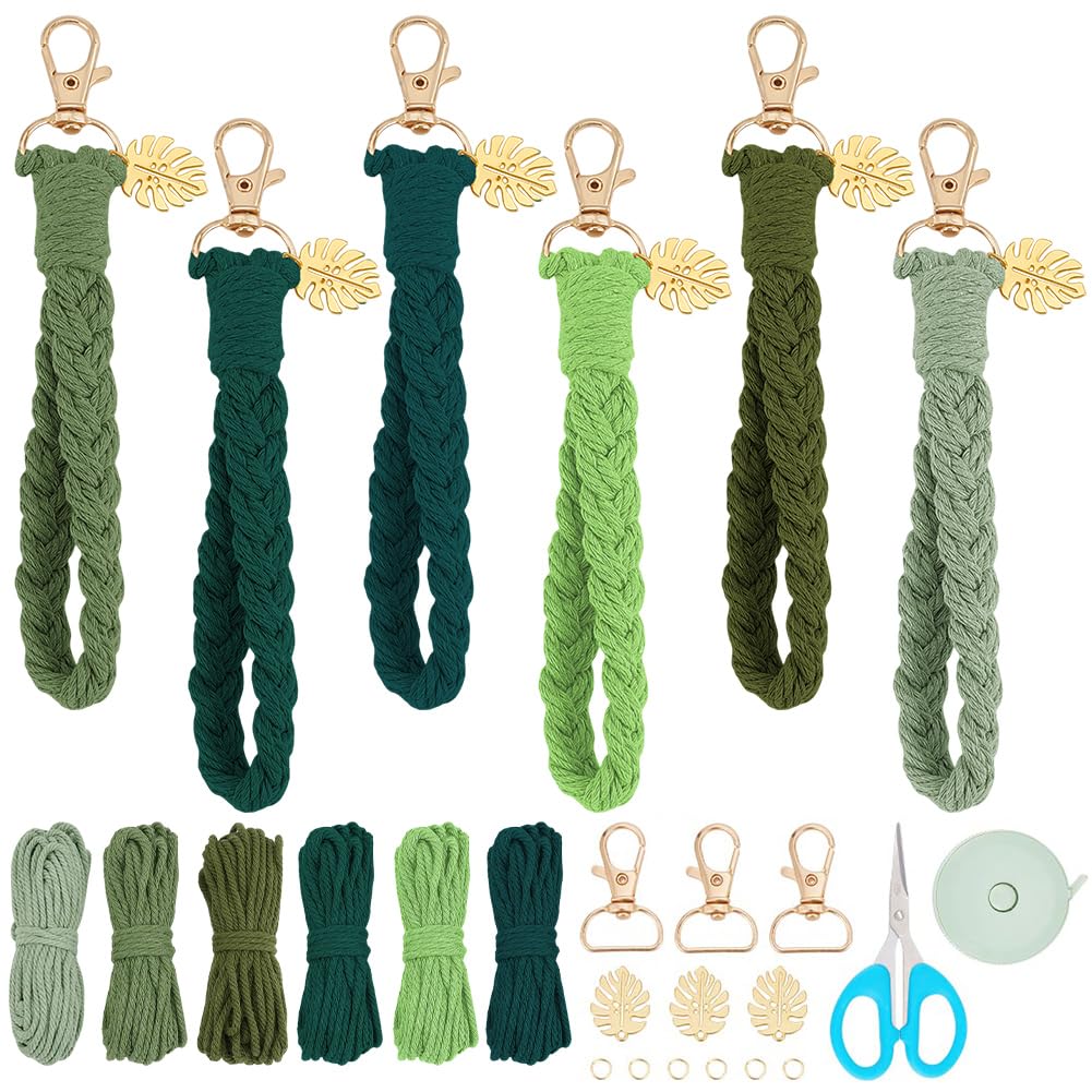 FREEBLOSS 6 Set DIY Macrame Leaf Key Chain Kit Boho Macrame Keychain Kit Macrame Lanyards Kit Crafts Projects DIY Macrame Kit for Macrame Beginners with Instruction