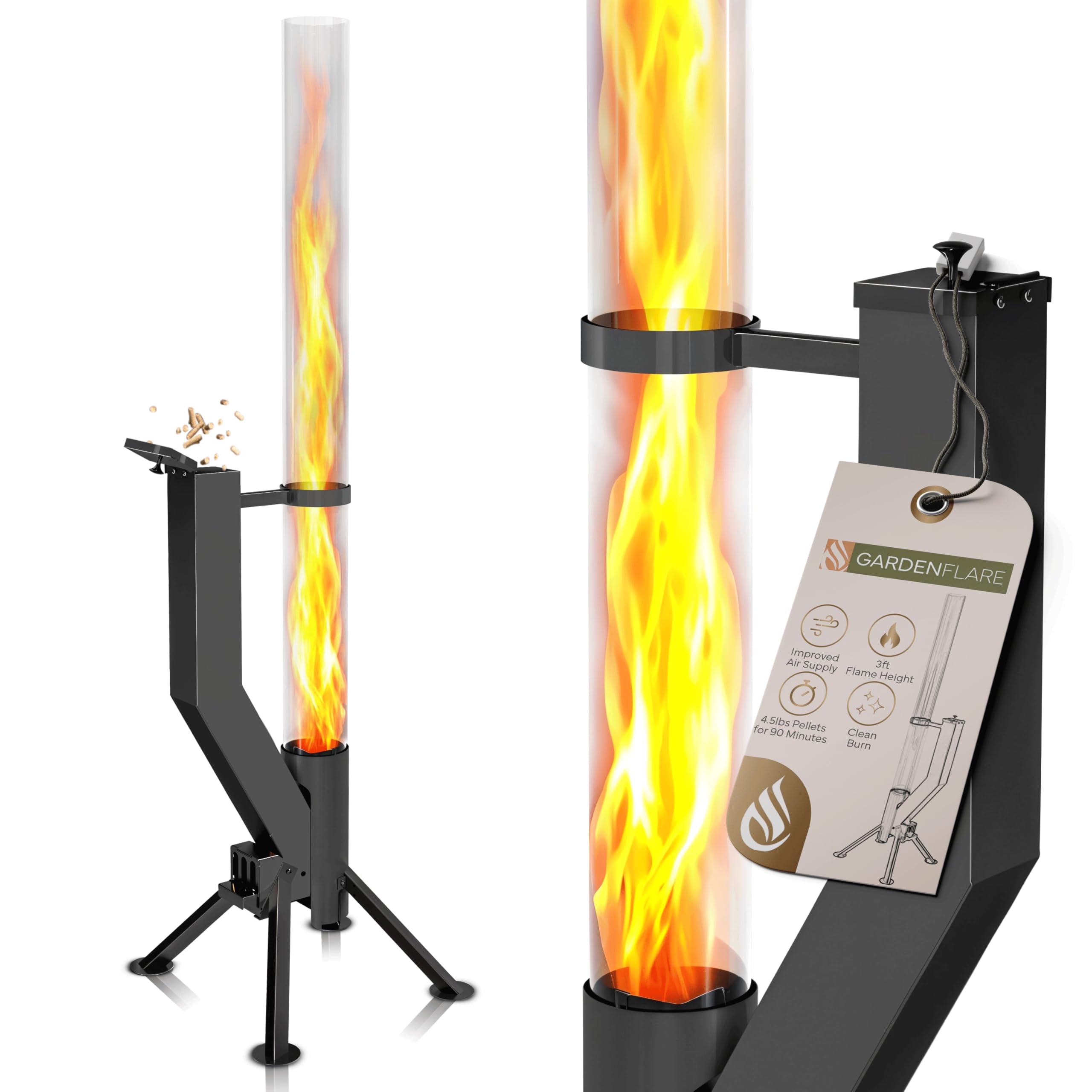 GARDENFLARE Tubo del fuoco di qualità superiore - Grande fiaccola a pellet in acciaio inossidabile con fiamma fino a 1,5 m e spazzola di pulizia inclusa, braciere per giardino e terrazza - Fuoco