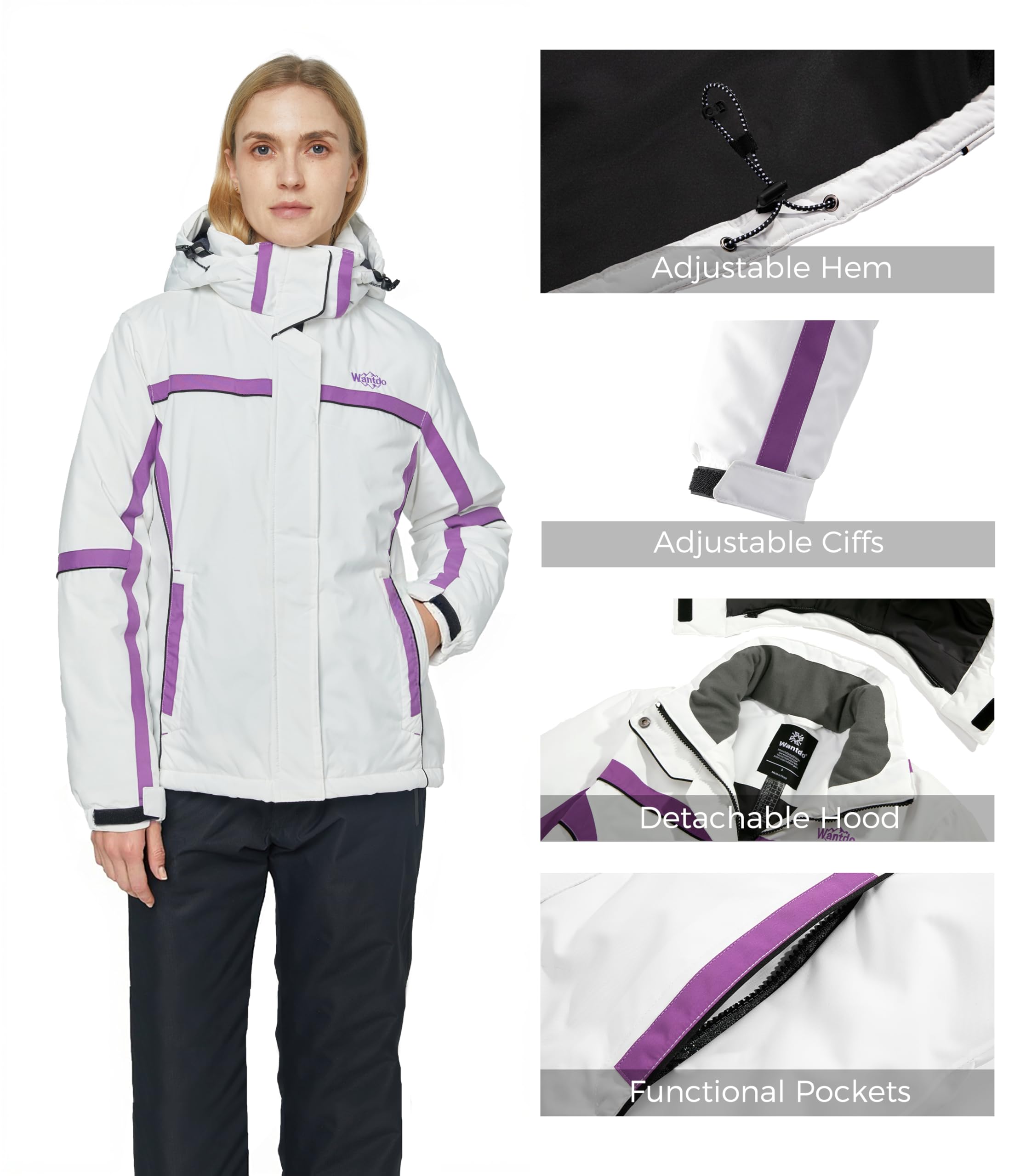 Wantdo Femme Veste de Ski Imperméable Outdoor Veste Coupe-Vent Manteau d'hiver Chaud avec Capuche Amovible Veste Sport Randonnée Coupe-Vent