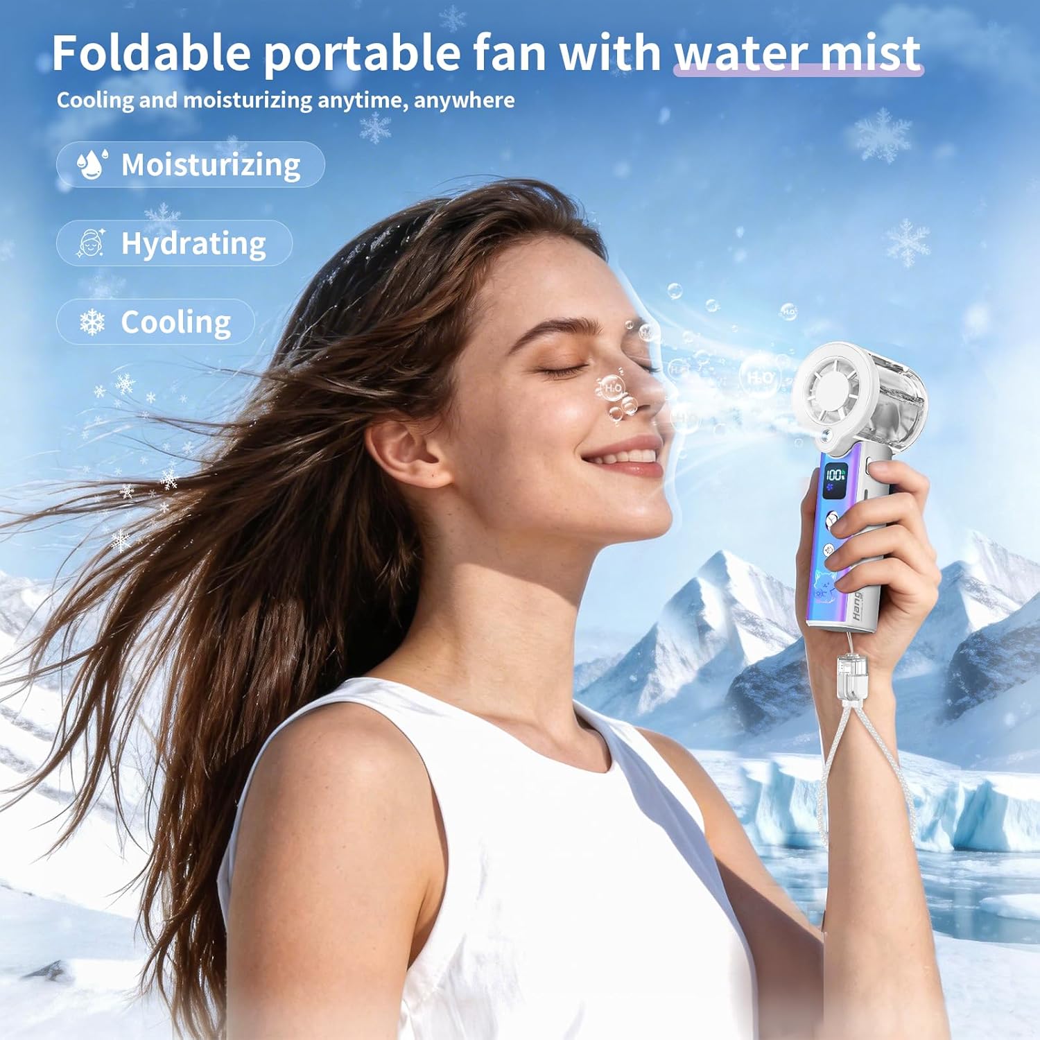 portable spray handheld fan [19H maximum cooling time], 3000mAh USB rechargeable spray fan, 100 gear adjustable, mini fan, suitable for travel/shopping/makeup - summer female gift -White