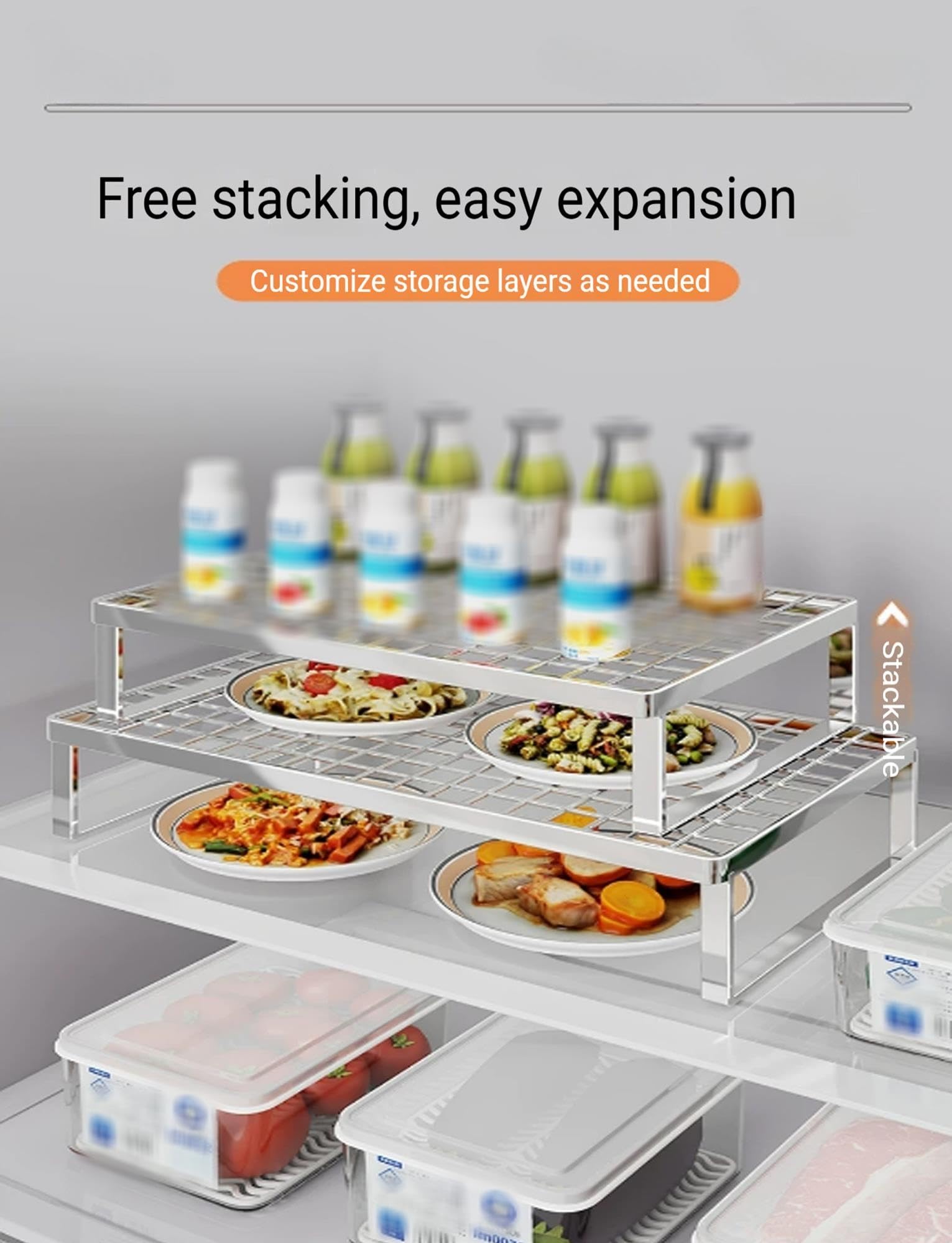 Organizador apilable del estante del refrigerador,del almacenamiento | Rejilla de metal sólido con diseño de ventilación hueca que mantiene los artículos(Silver,34x27x15cm/13.4x10.6x6in)
