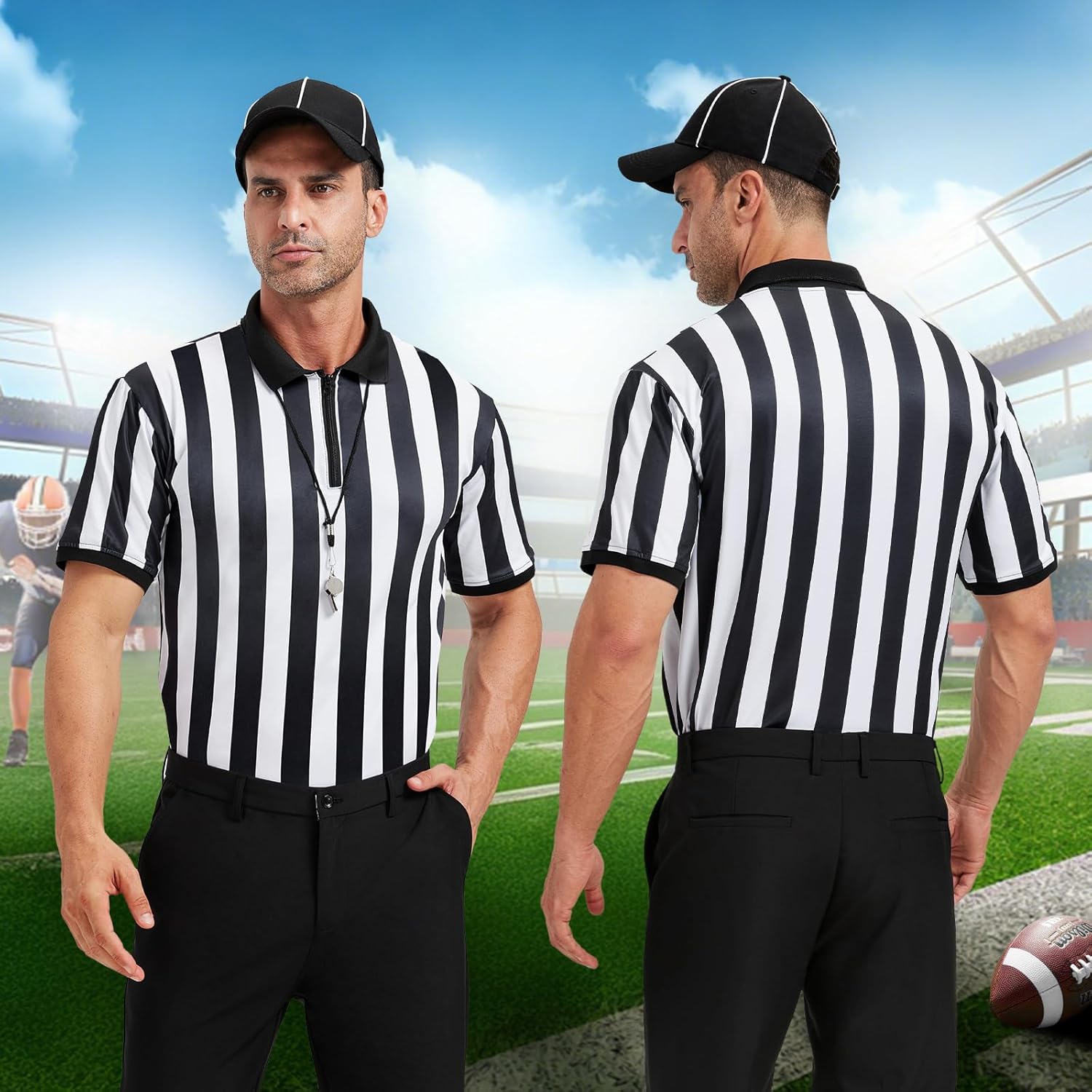 Men's Referee Costume Kit,Referee Shirt Stripe Umpire Jersey,Hat,Stainless Steel Whistle with Lanyard,Penalty Flag for Football Soccer Sports and Halloween Cosplay Outfits - Image 7