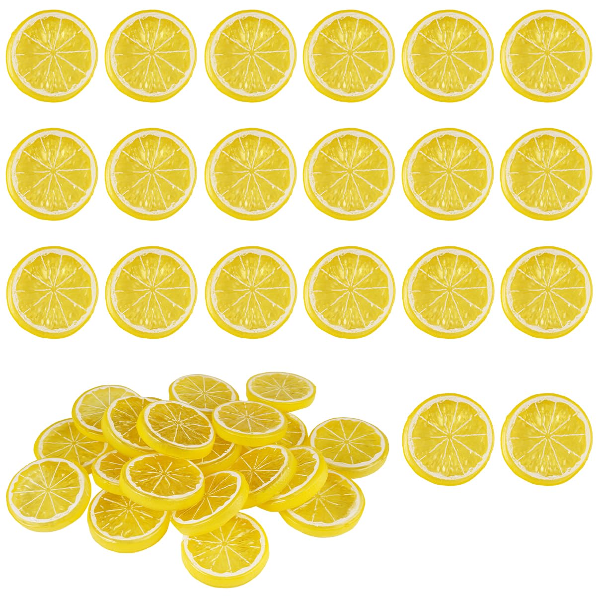 20 Piezas Rodajas de Limón de Plástico Artificiales, 6 cm x 8 mm, Rebanada Falsa del Limón, para Fiesta Cocina Boda Centro Mesa Manualidades DIY Accesorio Fotográfico (Amarillo)