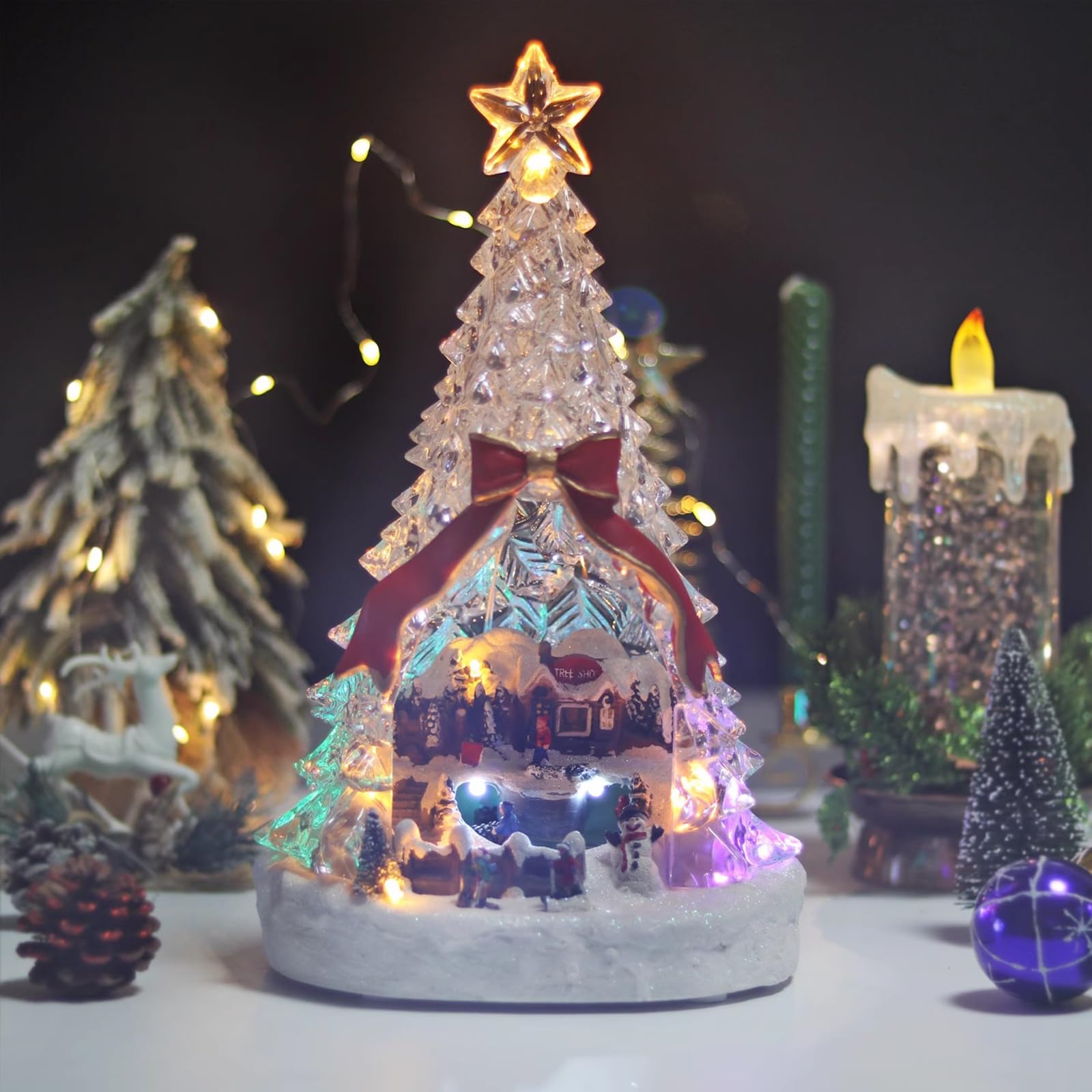 Figura de árbol de Navidad con caja musical, interior giratorio iluminado y luces de ensueño, 8 pistas de música de Navidad intercambiables para decoración del hogar o escritorio de sala de estar