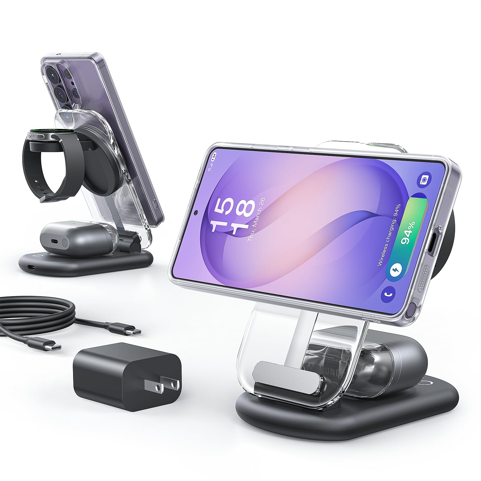 Meifigno Stazione di ricarica wireless pieghevole 3 in 1 per Samsung, supporto magnetico con luce notturna on/off per Galaxy S26/S25/Z Fold 7/Z Flip 7, caricatore per orologio per Galaxy Watch Ultra 8