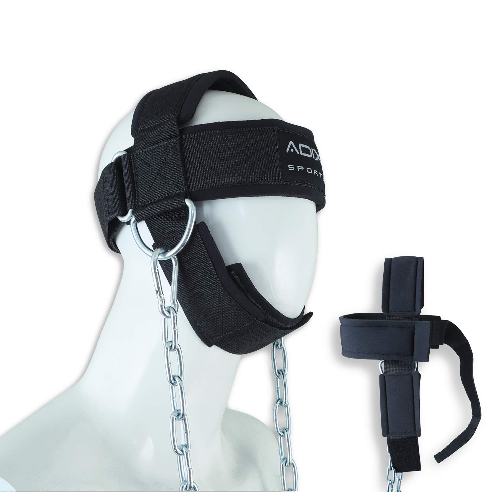 ADIX Sports - Neck Harness for Weight Lifting, Resistance Training, or Injury Recovery with Long Steel Chain and Neoprene Head Cap, Neck Trainer to Improve Muscle Strength & Fitness