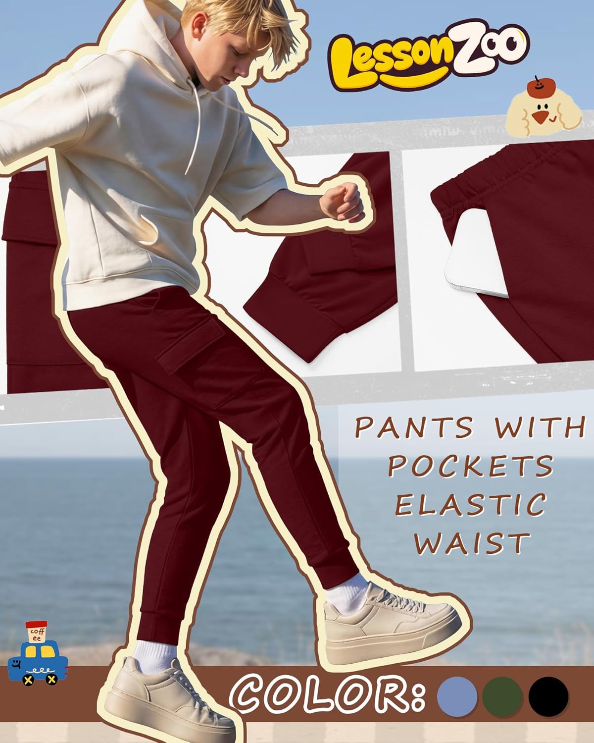 3 Pack Boys' Cargo Sweatpants Kids Casual Joggers Pants with Pockets Elastic Waist Track Cuffed Athletic Pant 5-14Y - Image 2