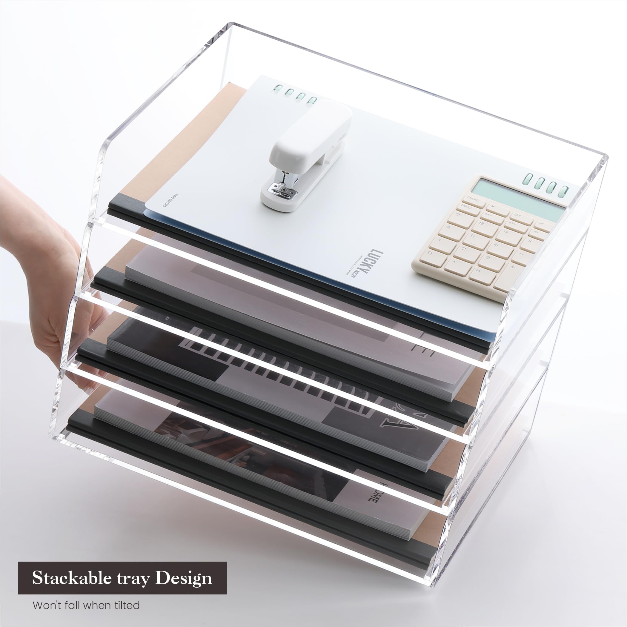 HeZone Organizer per carta a 4 ripiani per scrivania, vassoio per carta acrilica, trasparente, impilabile, organizer da scrivania per documenti, documenti da ufficio, carta A4