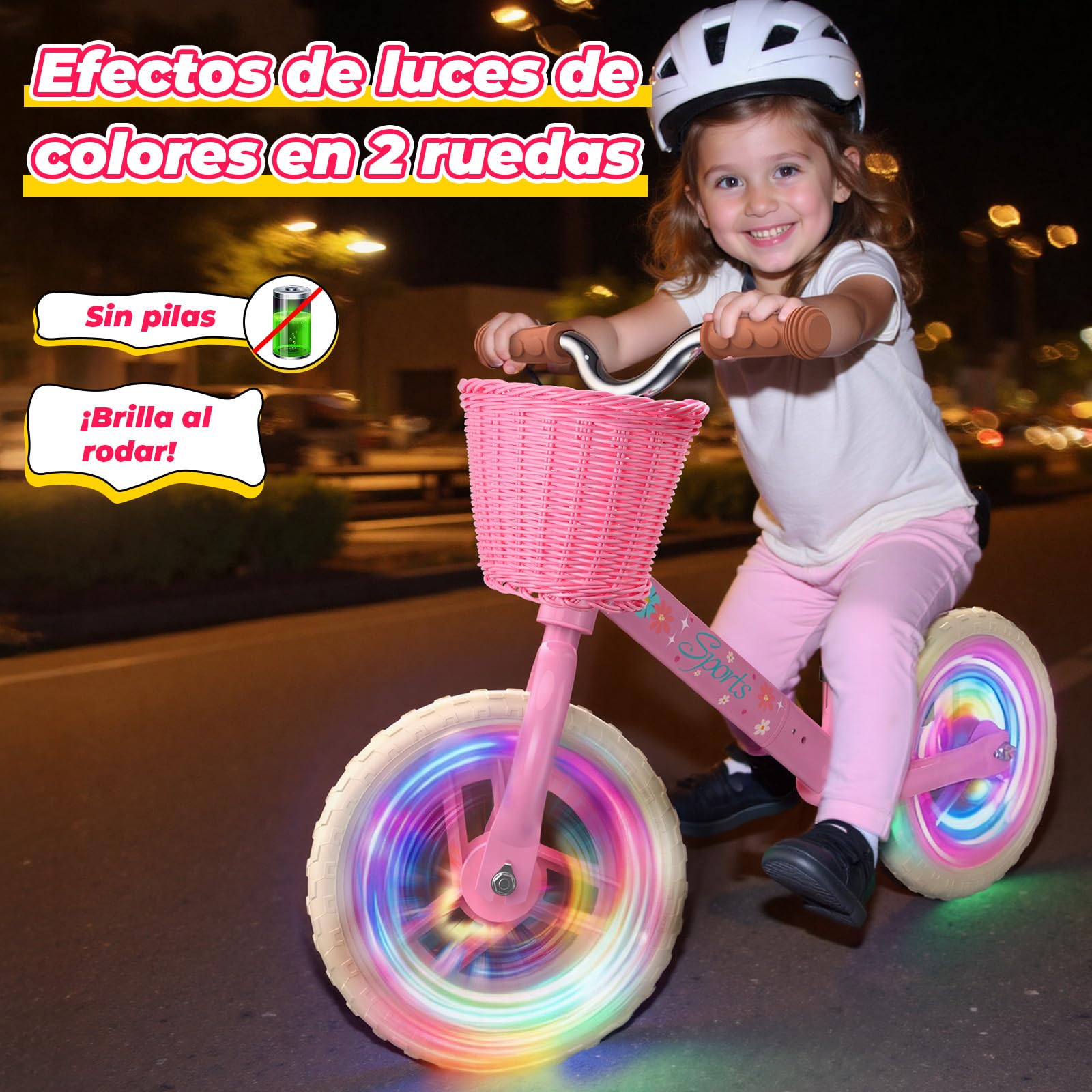 HappyGoLucky Bicicleta Niña 2-5 Anni, Bici Equilibrio Sin Pedales– Ruedas Luminosas/Altura Ajustable/Cesta De Tela, Bicicleta Equilibrio Juguetes Regalo Niños Niñas 2-5 Año Juegos Exterior