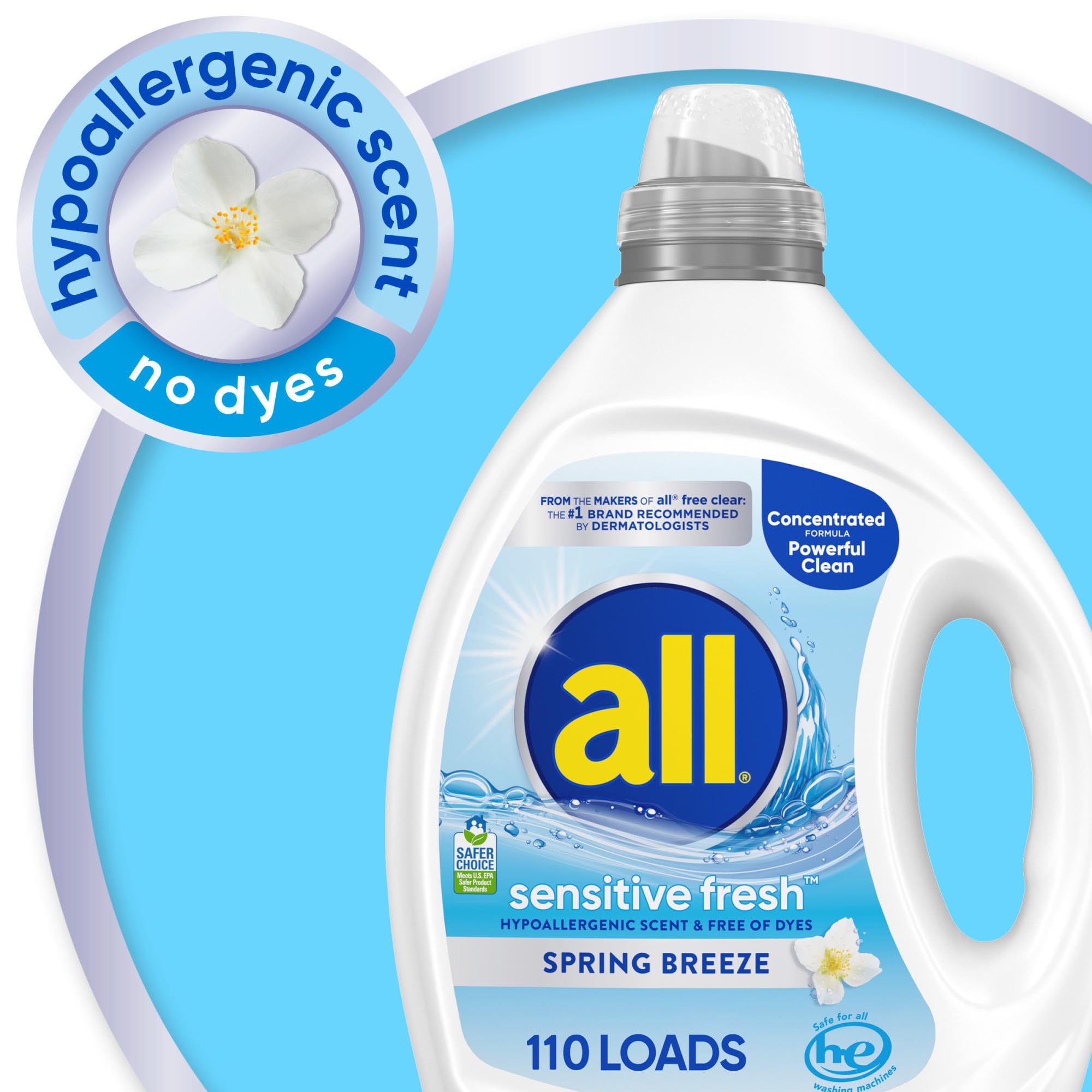 all Sensitive Fresh Detersivo liquido per bucato, ipoallergenico, profumo di brezza primaverile e privo di coloranti, delicato per pelli sensibili, 2,34 g, 110 lavaggi, compatibile con HE