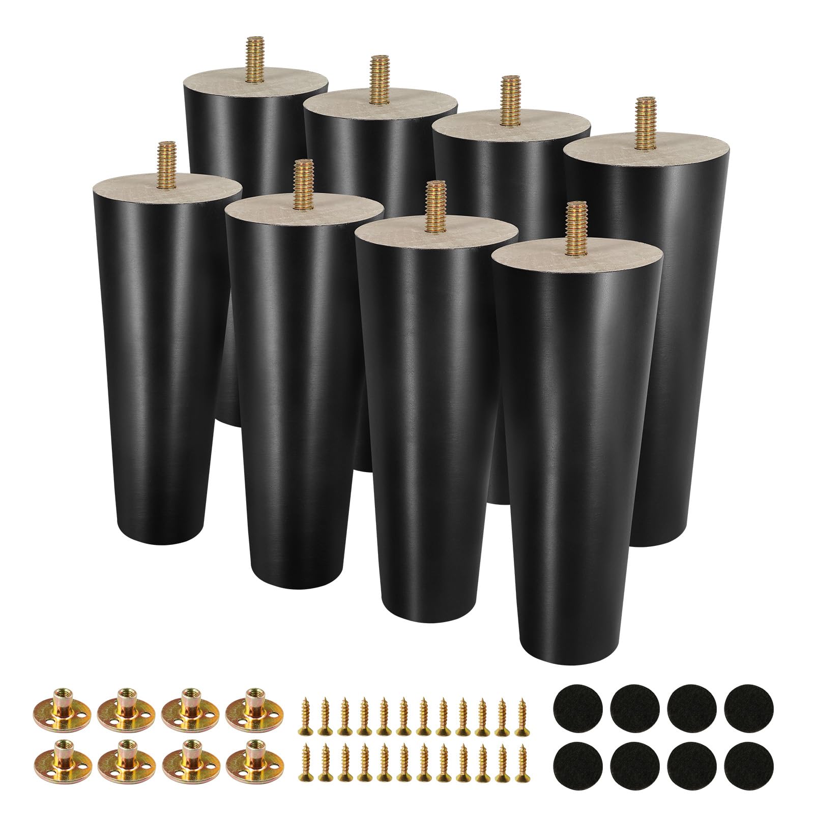 FoDau770 Black Rubber Wood Furniture Legs 6 Inch, Straight Tapered Wood Legs Mid Century Sofa Legs Set of 8, 5/16" UNC Furniture Feet Replacement Legs for Cabinet Sofa Couch Dresser Chair Ottoman