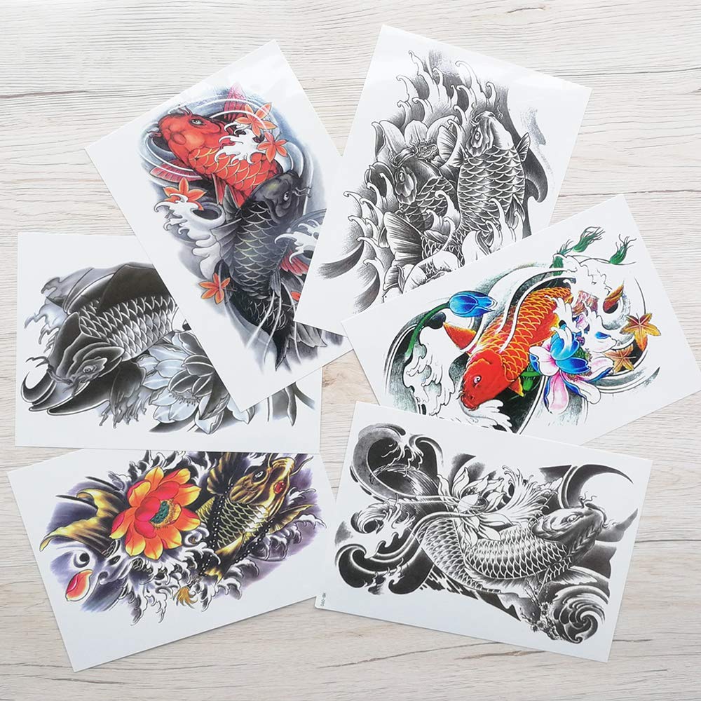 Yesallwas 6 fogli di grandi dimensioni Koi tatuaggio fioritura carpa fortuna tatuaggio temporaneo tatuaggio finto, impermeabile durata corpo arte trucco sexy realistico braccio tatuaggi