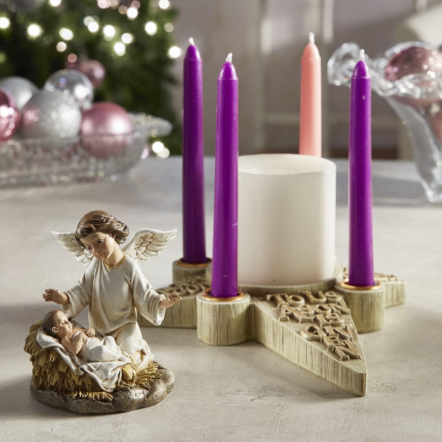 CBC Group Avalon Gallery - Sculpted Resin Advent and Christmas Candle Holder, 2-Piece, Angel Nativity Wreath