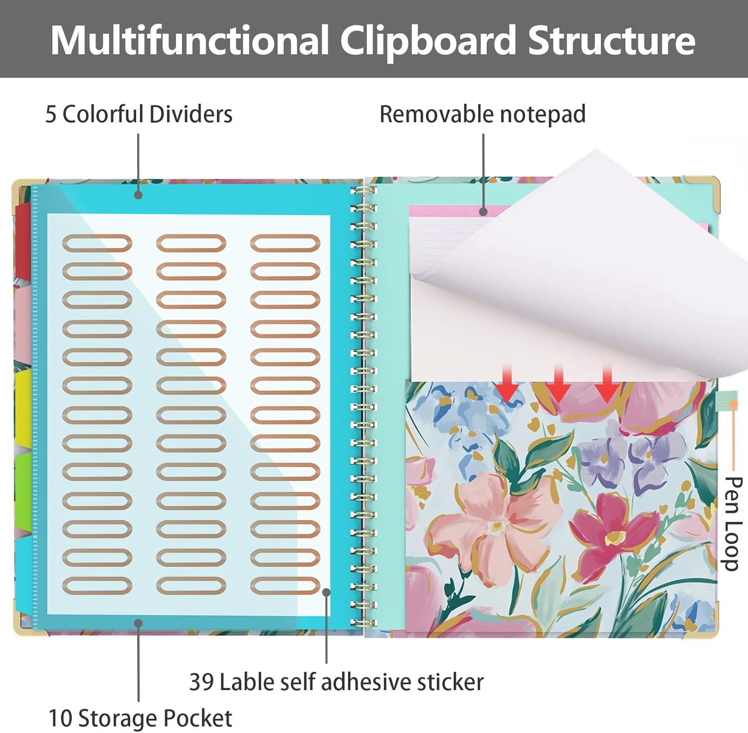 Clipboard Folio with Storage 8.5 X 11 Padfolio Notebook, Clipboards with Notepad Spiral with 10 Pockets and 5 Folders Nursing Teacher School Essentials (Pink Floral)
