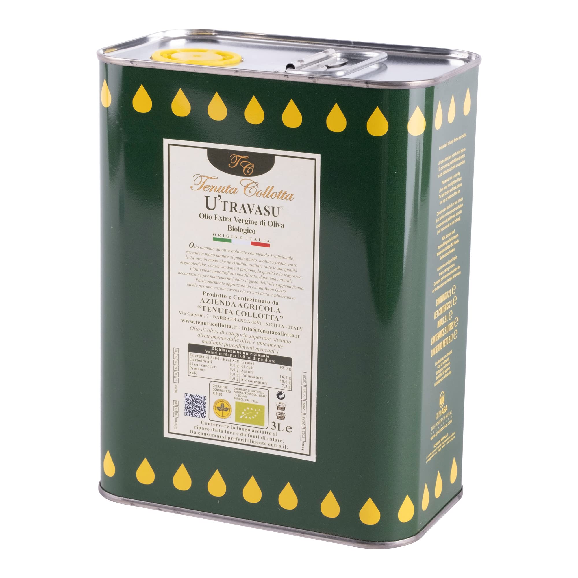 U'Travasu® - Olio extravergine di oliva Biologico latta 3l - 100% italiano - Prodotto in Sicilia - Estratto a freddo