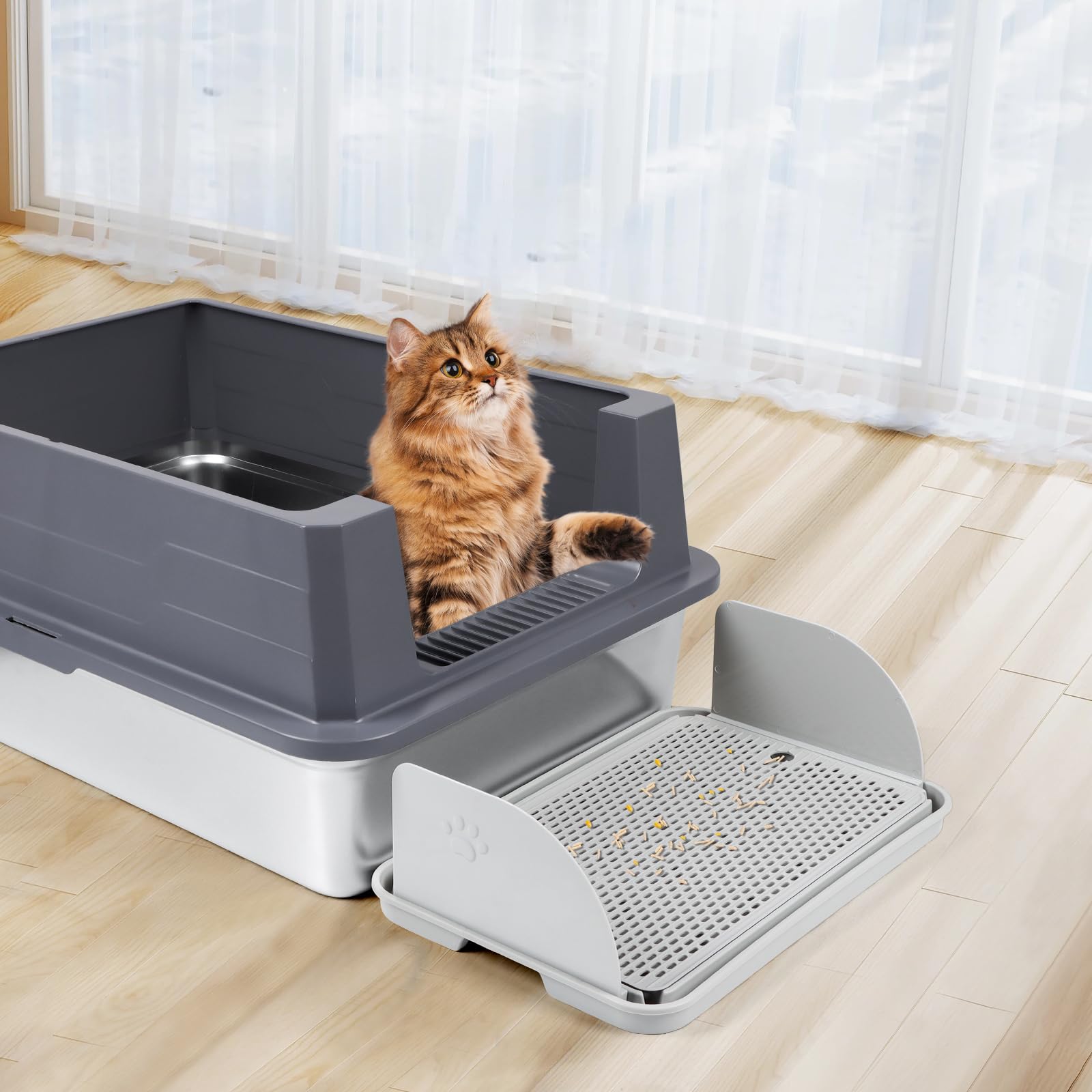 Scaletta per gatti con deflettori rimovibili, grande rampa poggiapiedi per lettiera con funzione filtro, doppio strato, resistente agli spruzzi, facile da pulire, per gatti piccoli e anziani