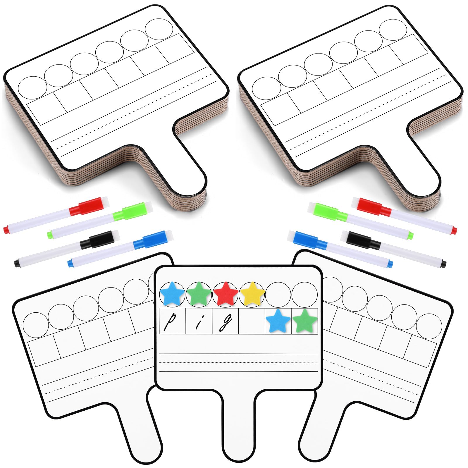 Jetec 8 Pcs Magnetic Paddle Set Phonemic Awareness Dry Erase Double Sided Handheld Answer Board Word Paddle with Dry Erase Markers Phonics Games for Students Kids Teaching (Star Shaped Counters)
