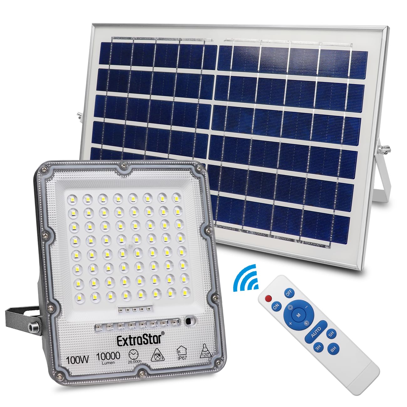 EXTRASTAR Foco Proyector LED Solar 100W con Mando a Distancia, Luz Blanca Fría 6500K, 10000Lm, Resistente al Agua IP67, para Exterior, Jardín, Patio, 1Pc
