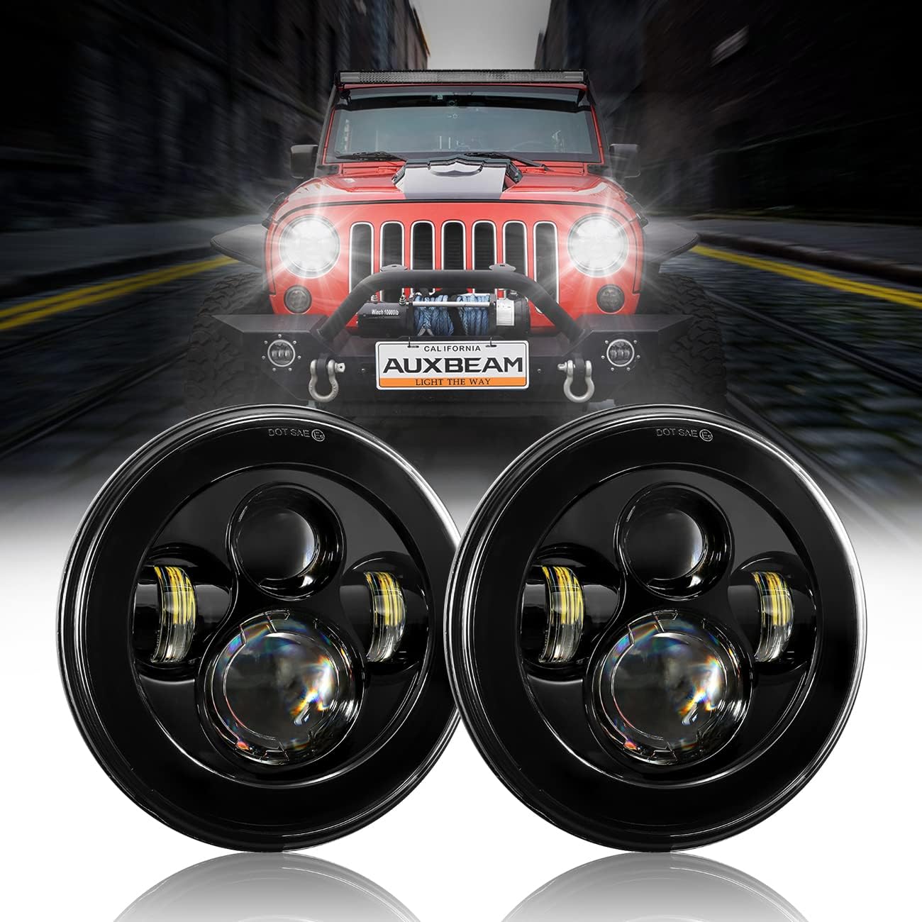 7 Inch Round LED Headlights DOT Approved Replacement for Jeep Wrangler JK TJ LJ CJ Rubicon Sport Sahara Hummer H1 H2, 7" LED Headlamps for Unlimited JKU Peterbilt Ford H6024 Headlights, Black