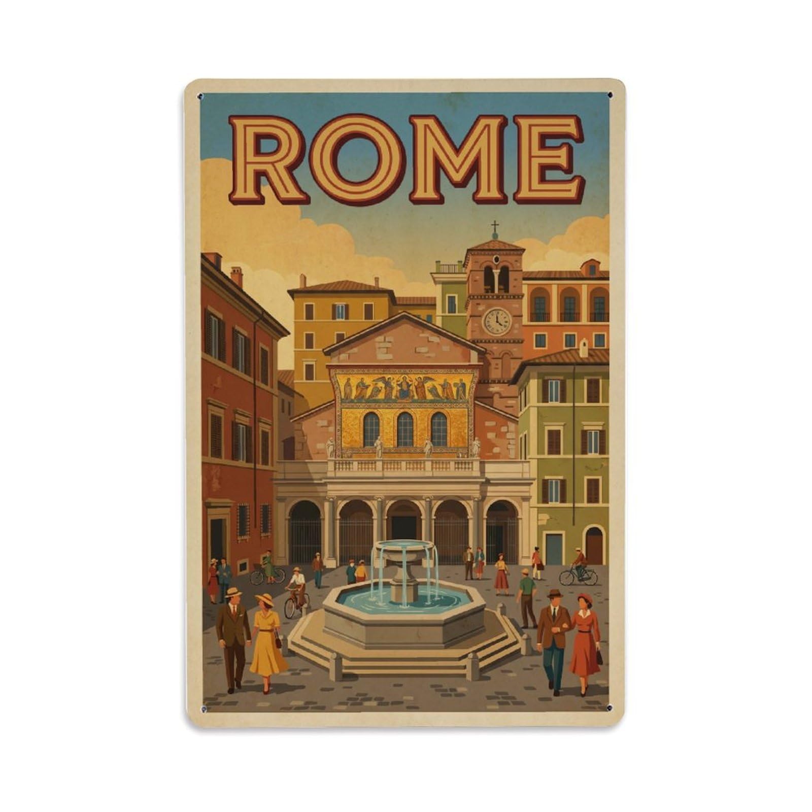 Vintage Travel Rome Piazza Santa Maria Trastevere Medieval Church Italy Metal Tin Sign Plaque Wall Decor for Cafe, Club Bar, Office, Home Garden Metal Poster 8x12Inch