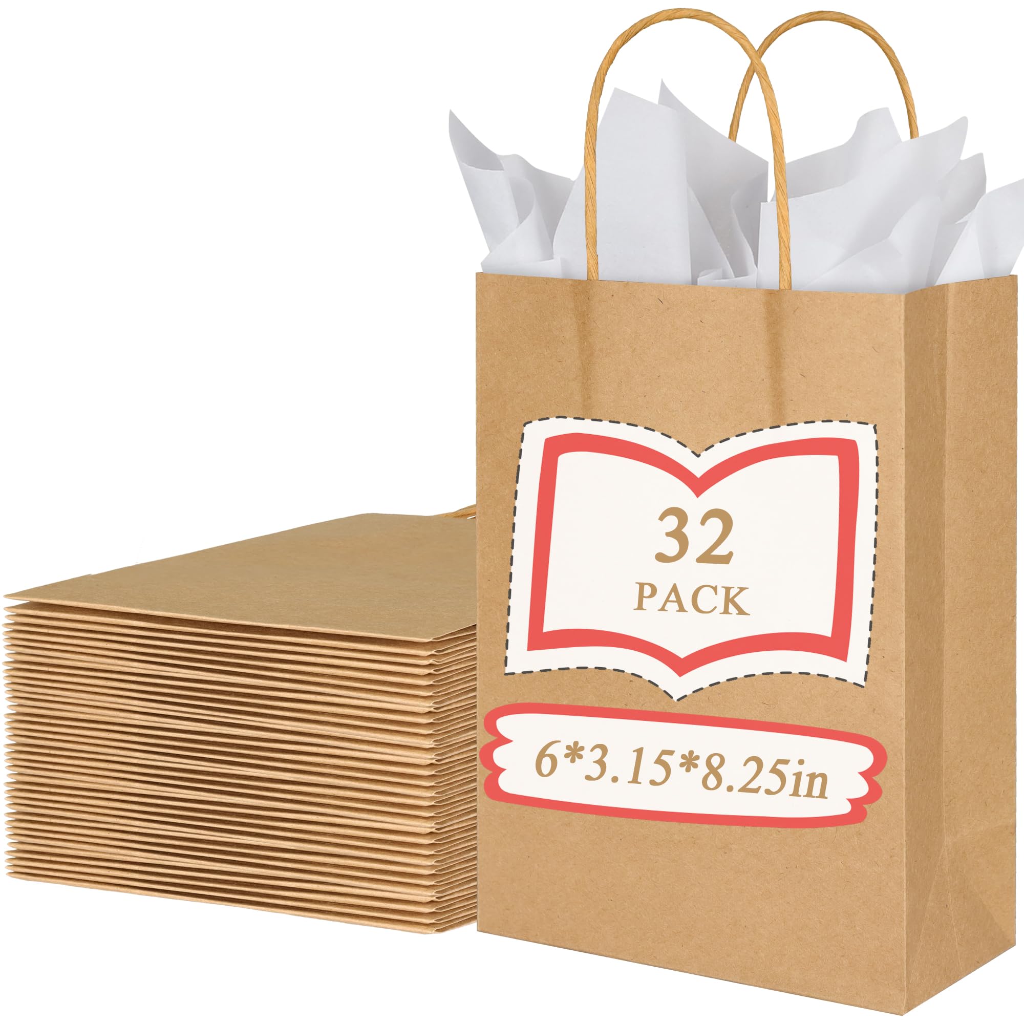 BLEWINDZ 32Pcs 6x3.15x8.25 Inch Gift Bags with Tissues - Small Kraft Brown Paper Goodie Bags Bulk for Birthday Party Favors Grocery Shopping Retail Business