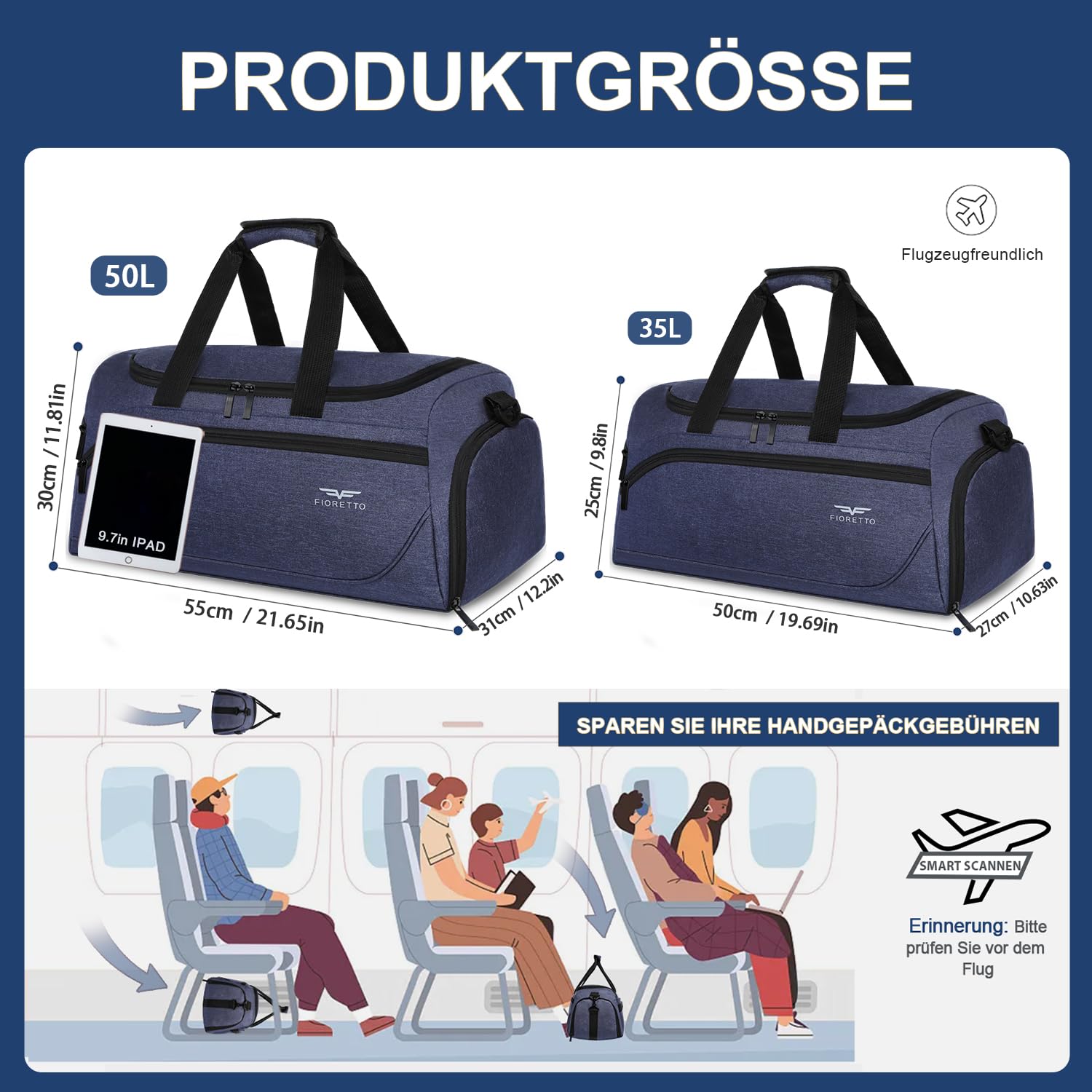 FIORETTO 35L Borsone Palestra Borsone da Palestra Sportivo da Donna e Uomo con Scomparto per Scarpe, Borsone da Viaggio per il Fine Settimana, Borsone da Notte per Donna Blu