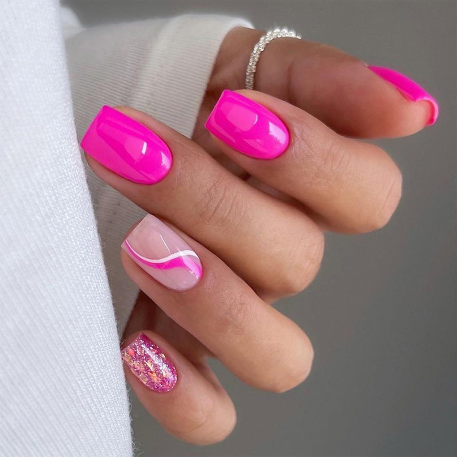 Hot Pink Press on Nails Short Square Fake Nails Full Cover False Nails with Design Glitter Swirl Glossy Glue on Nails Shiny Acrylic Stick on Nail