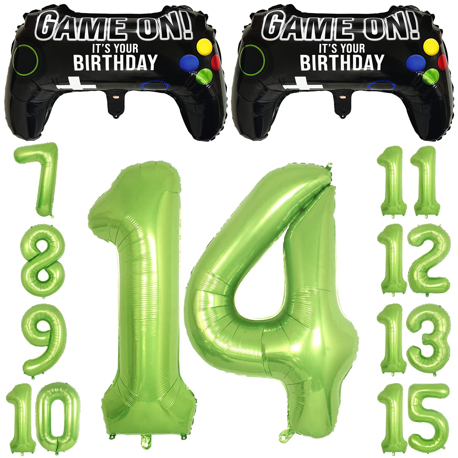 Video Game Party Balloons for Boys 14th Birthday Decorations- 2 Packs Game Controller Mylar Balloons with Green Number Balloons 14