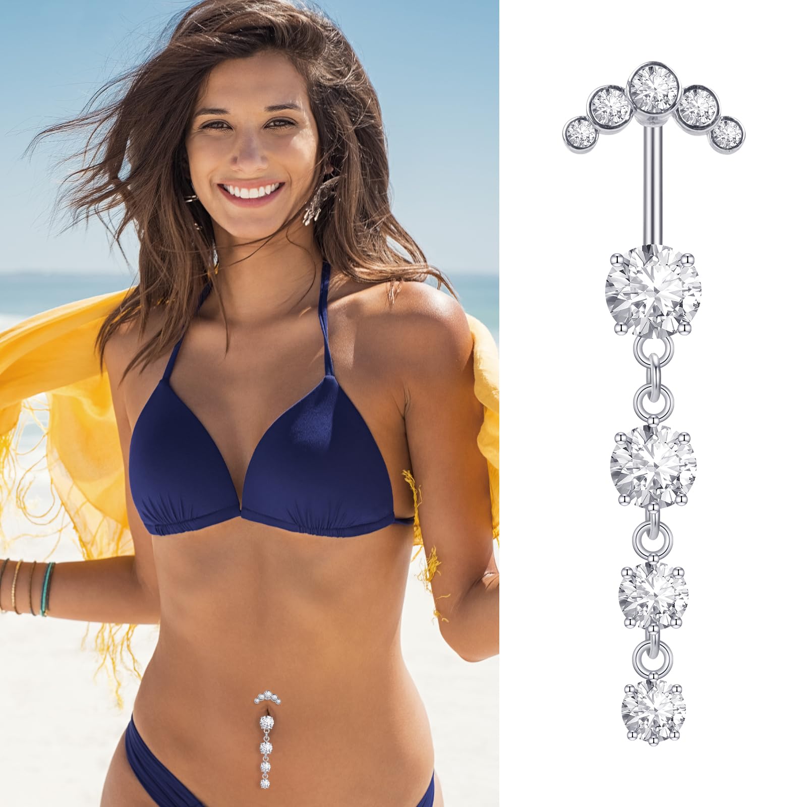 Piercing Ombligo Acero Quirurgico Barra Larga 5 Piezas Acero Inoxidable Piercing Ombligo Colgante 12MM 10MM piercing de ombligo de Plátano para Mujeres Niñas