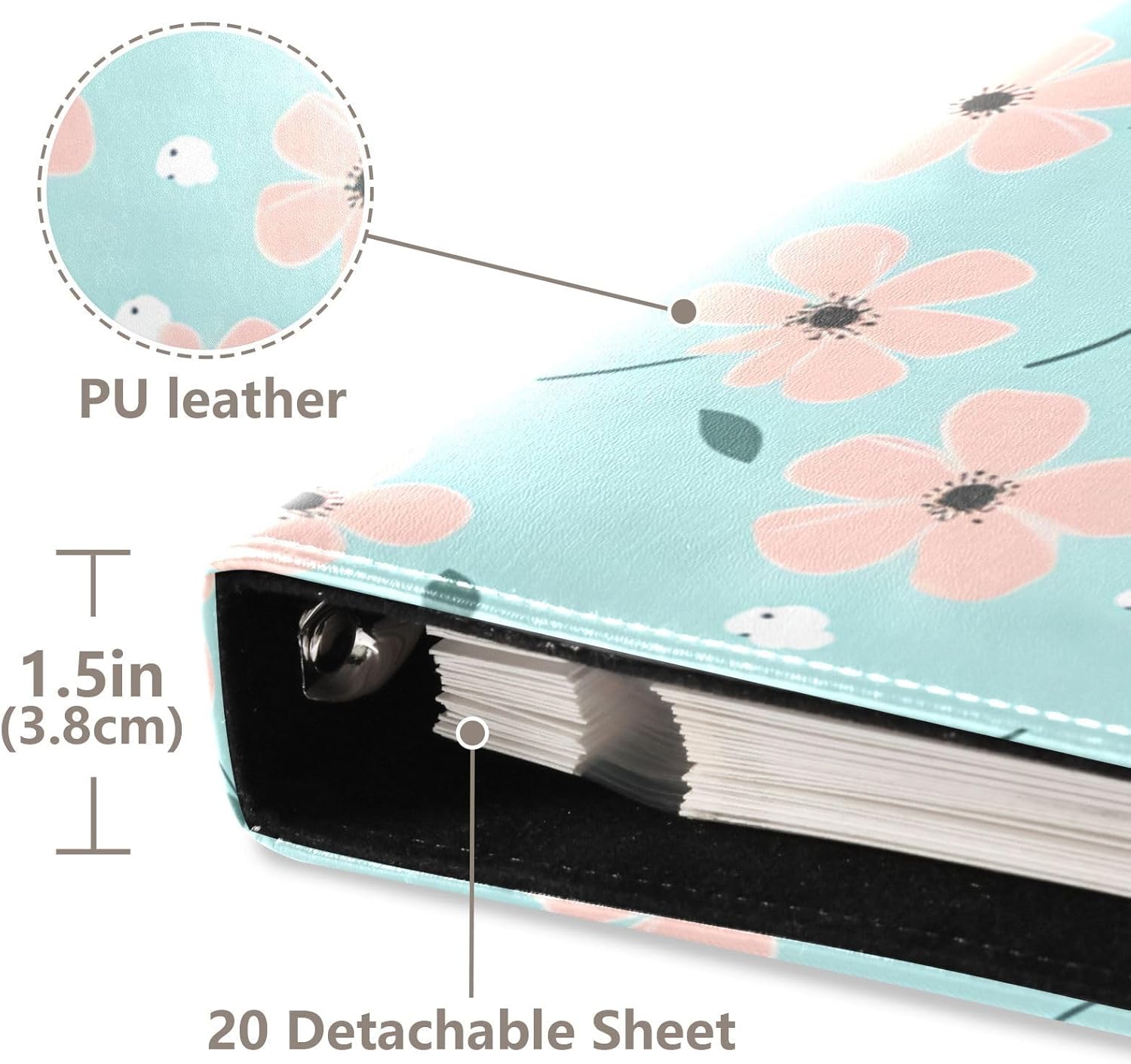 JIPONI Pink Wildflowers Blue Back Large Photo Album, DIY Leather Cover Scrapbook Albums for 4x6 5x7 6x8 Pictures, Self Adhesive Memory Book for Wedding, Baby, Family