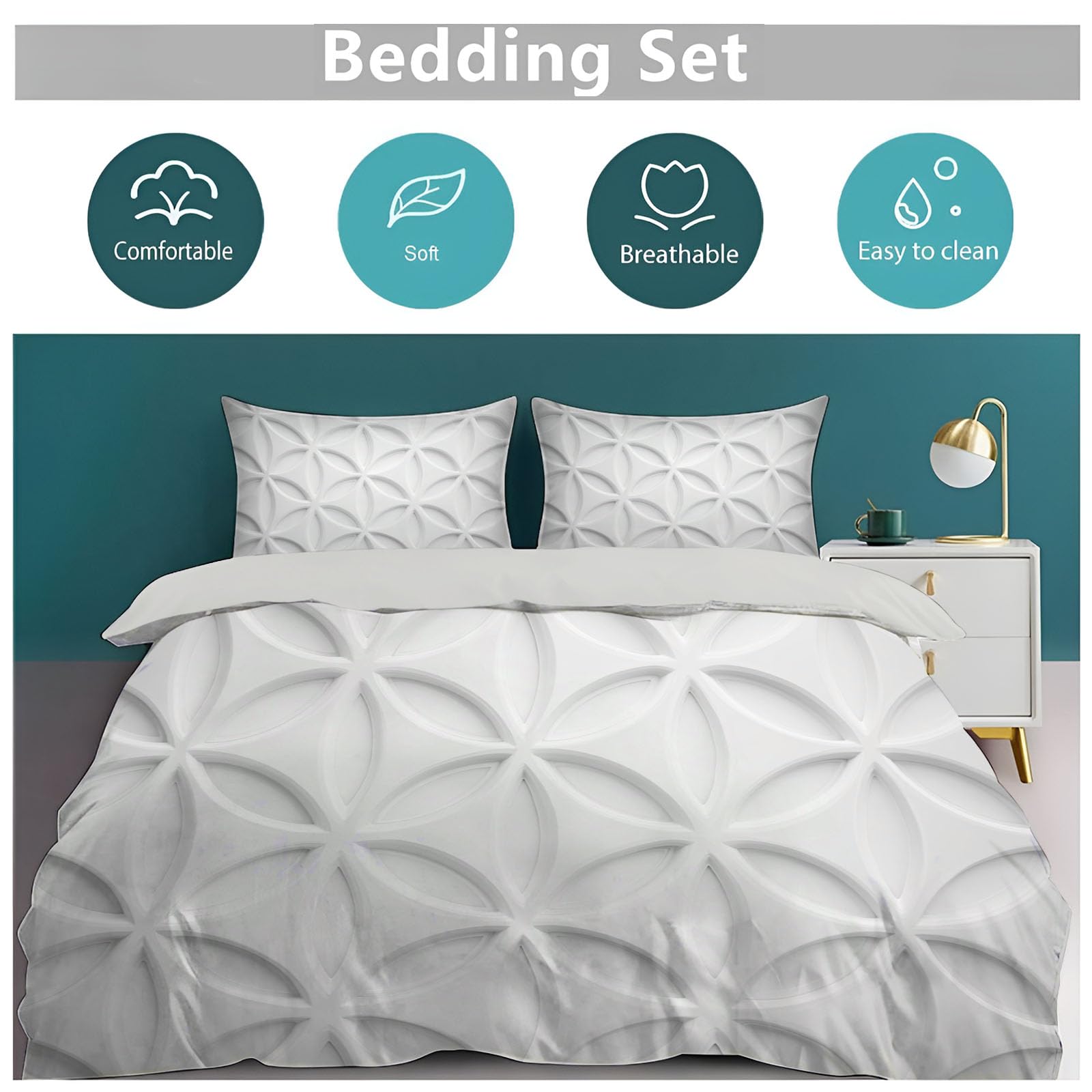 Copripiumino Matrimoniale Moderno Geometria,Set di Biancheria da Letto Effetto Rilievo Visivo Astratto Petali Foglie,Copri Piumino 200x200cm con 2 Federe 50x75 cm,Microfibra Morbida Lavabile,Bianco