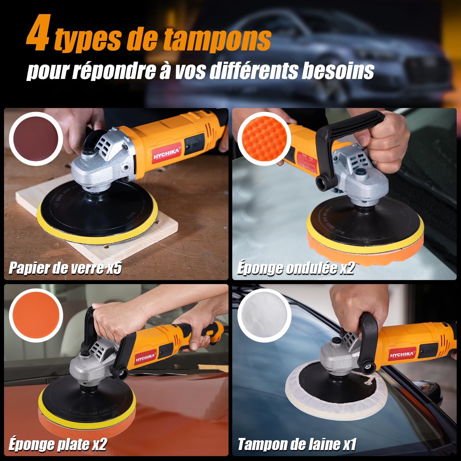 HYCHIKA Polisseuse Voiture 1580W, Polisseuse Rotative, Lustreuse Voiture, Contrôle Variable de 6 Vitesses, Moteur en Cuivre Pur, Kit Polissage Voiture, Lustrage Carrosserie Voiture