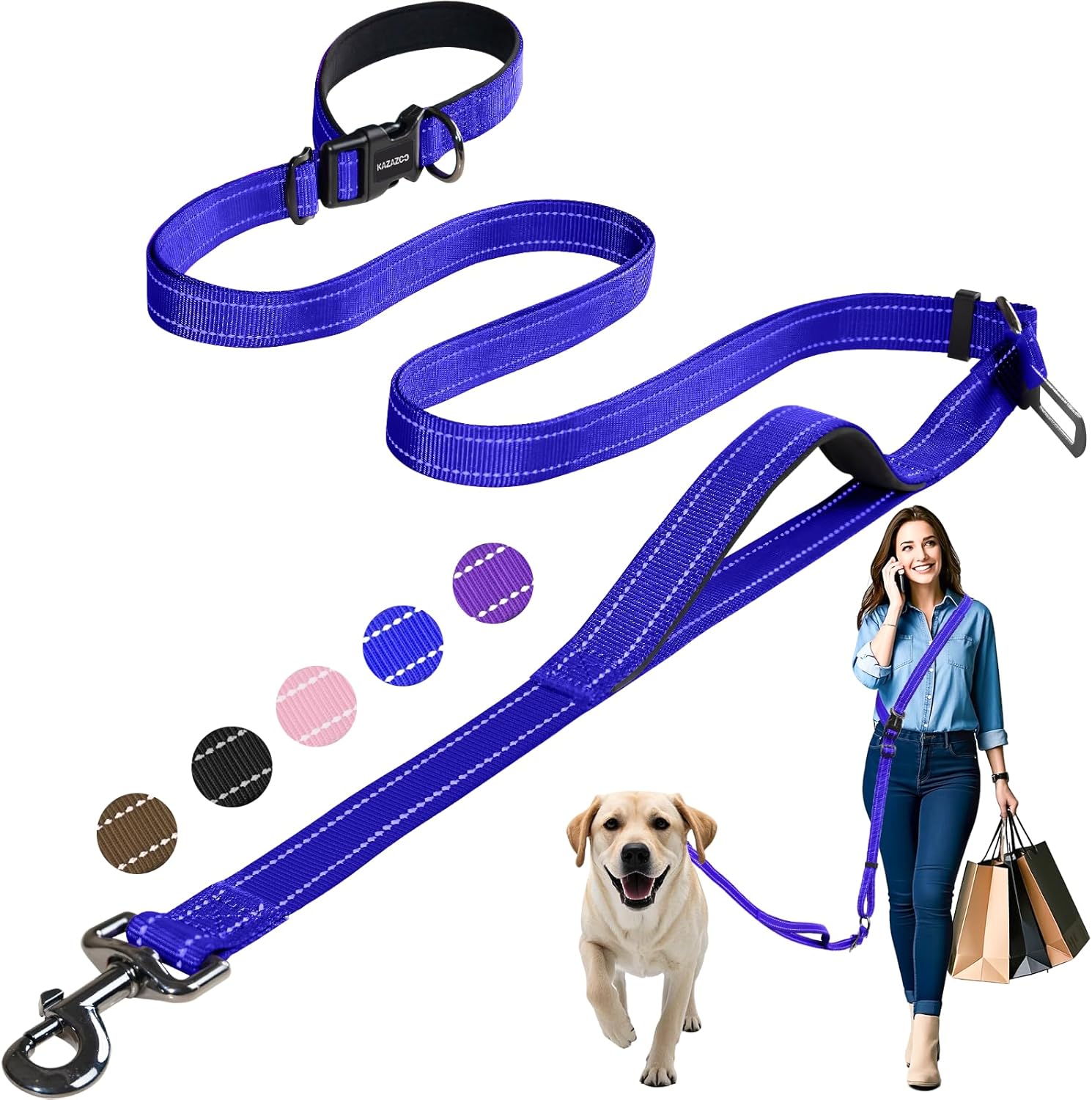 Kazazoo Hands-Free Dog Leash with Adjustable Length 6-9FT + Dual Padded Handles Reflective Safety for Walking, Jogging & Training | Suitable for Medium to Large Dogs & Puppies Blue-L Blue L