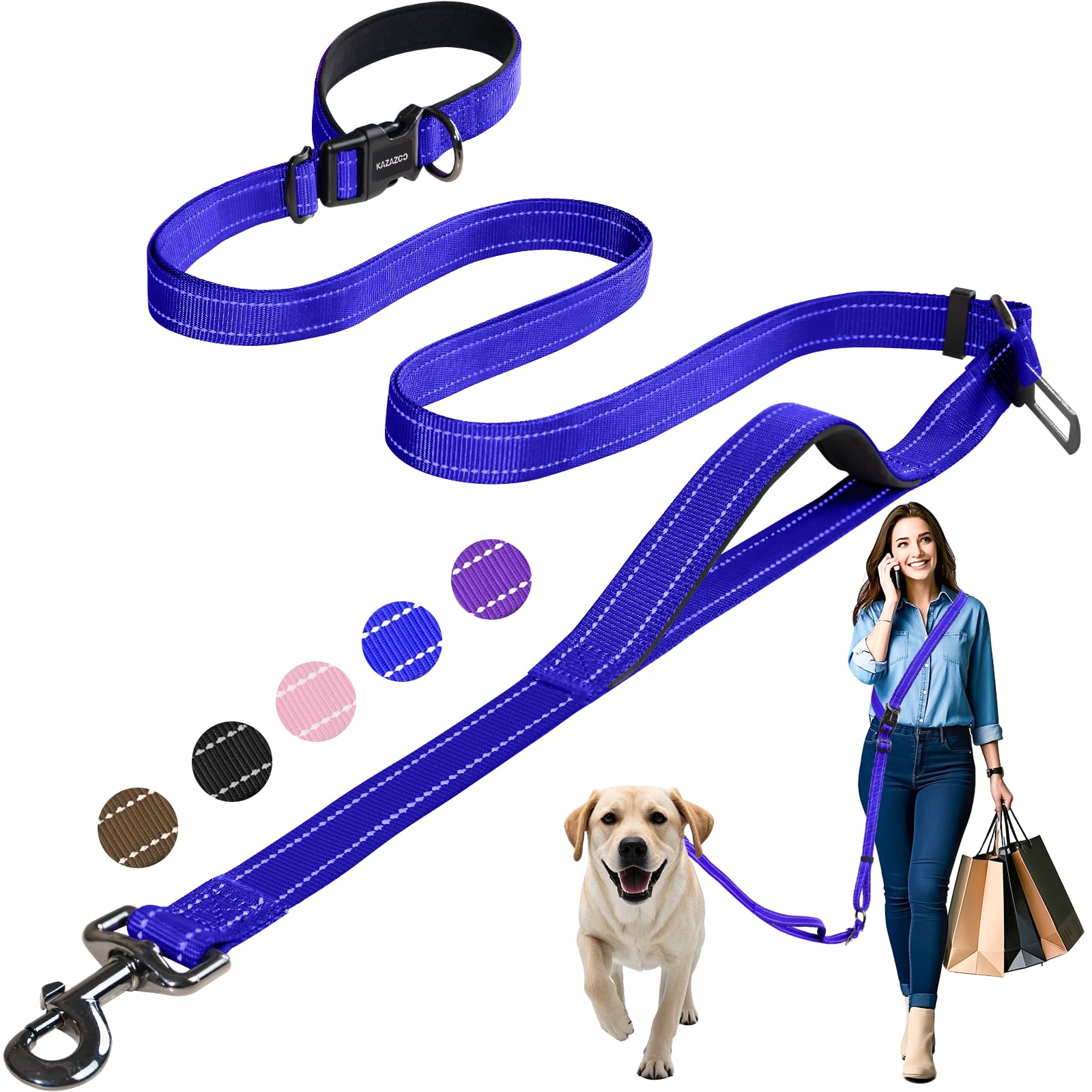 Kazazoo Hands-Free Dog Leash with Adjustable Length 6-9FT + Dual Padded Handles Reflective Safety for Walking, Jogging & Training | Suitable for