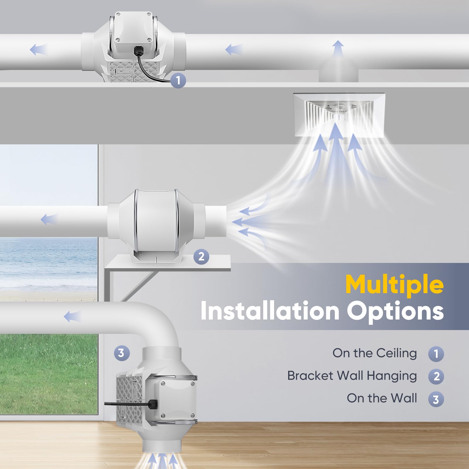 Extractor de aire en línea de para baño, extractor de humos con caudal de aire de 310 m³/h, control de velocidad variable, bajo nivel de ruido, para cocina, hidroponía y sótano