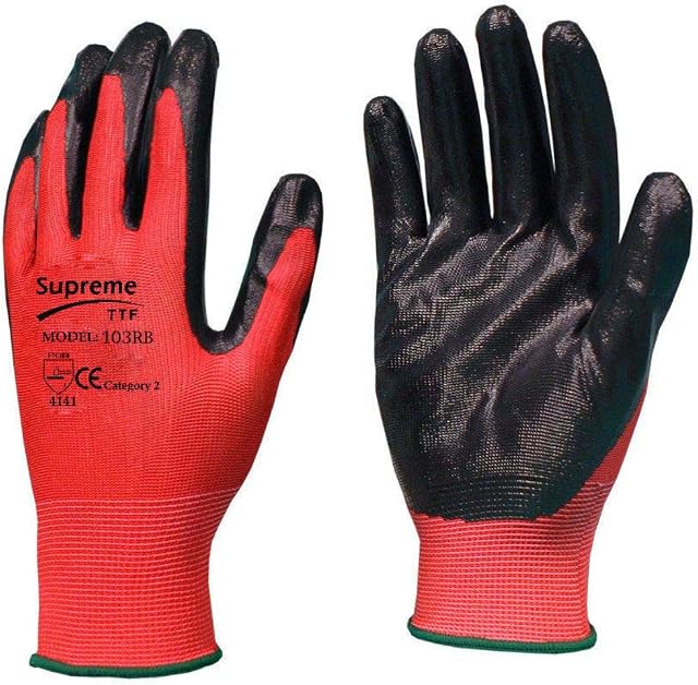 12 Pairs Red Black Nitrile Coated Nylon Safety Builders Work Gloves Construction Mechanic Grip (Size - XL / 10)