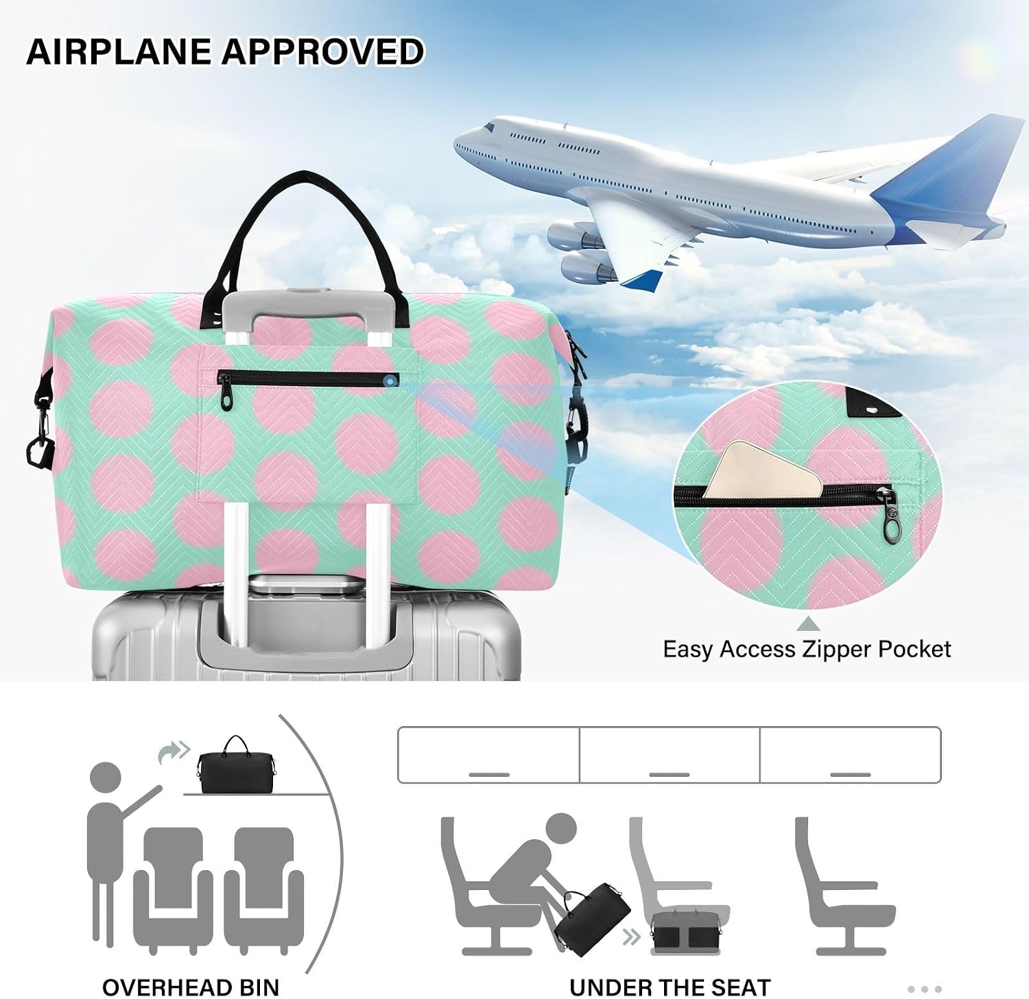 Peach Polka Dot Duffel Bags Weekender Duffel Bag Gym Sports Duffel Bags with Toiletry Bag for Trekking Foldable