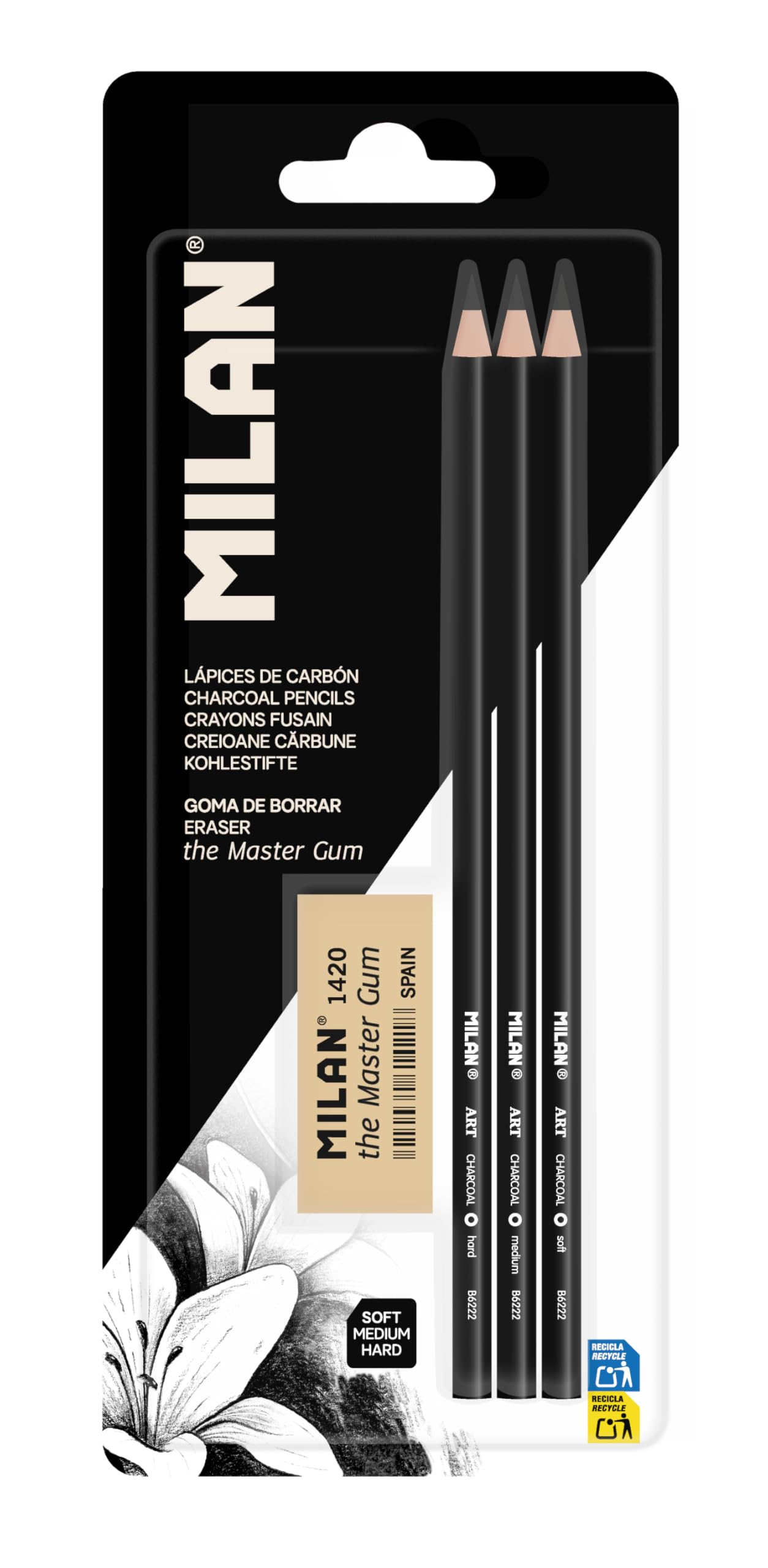 MILAN Blister pack of 3 MILAN Art charcoal pencils + The Master Gum rubber