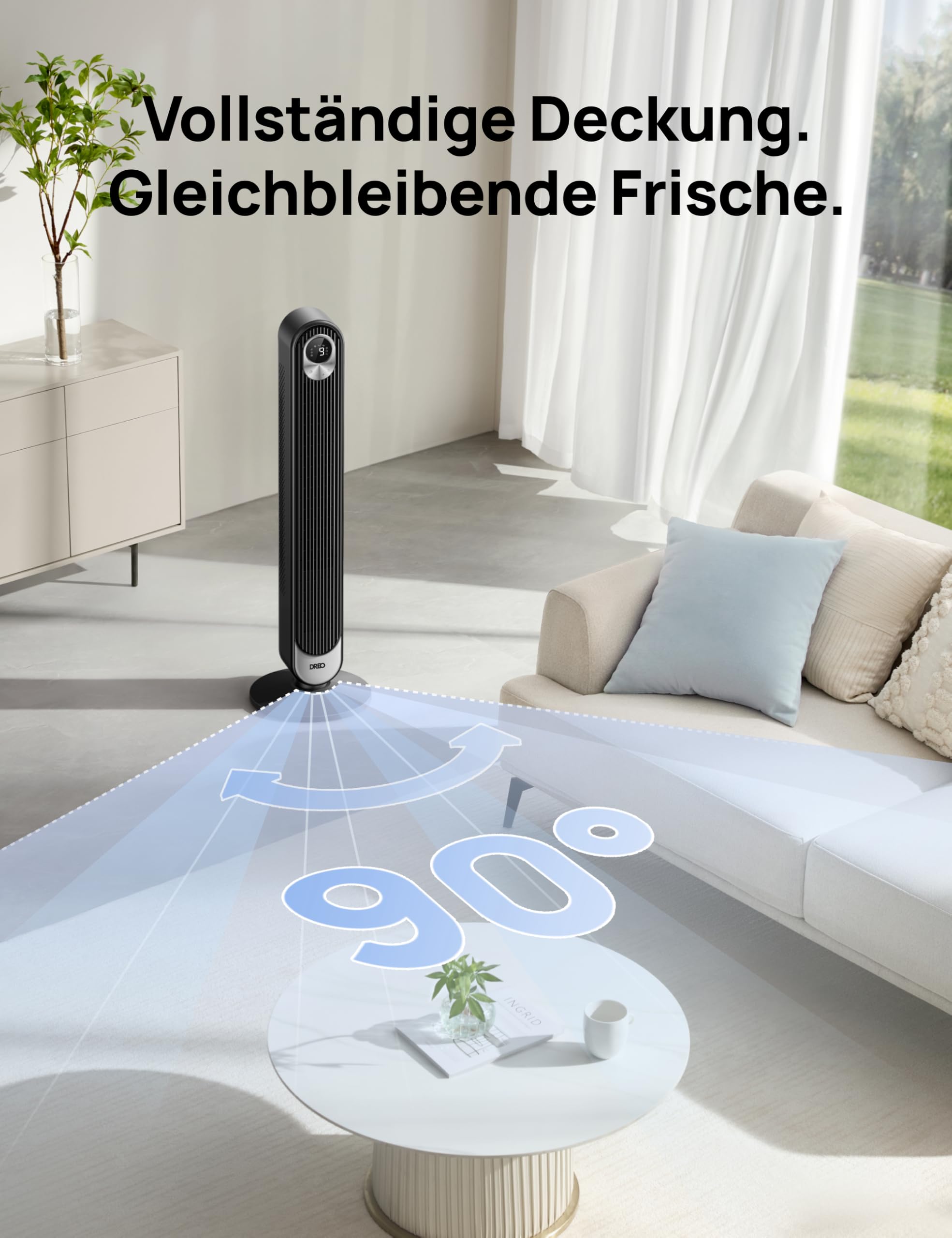 DREO DC Motor Turmventilator Leiser, 11M Windentfernung, 9 Stufen 4 Modi, 90° Oszillierender Standventilator mit Fernbedienung, 12H Timer