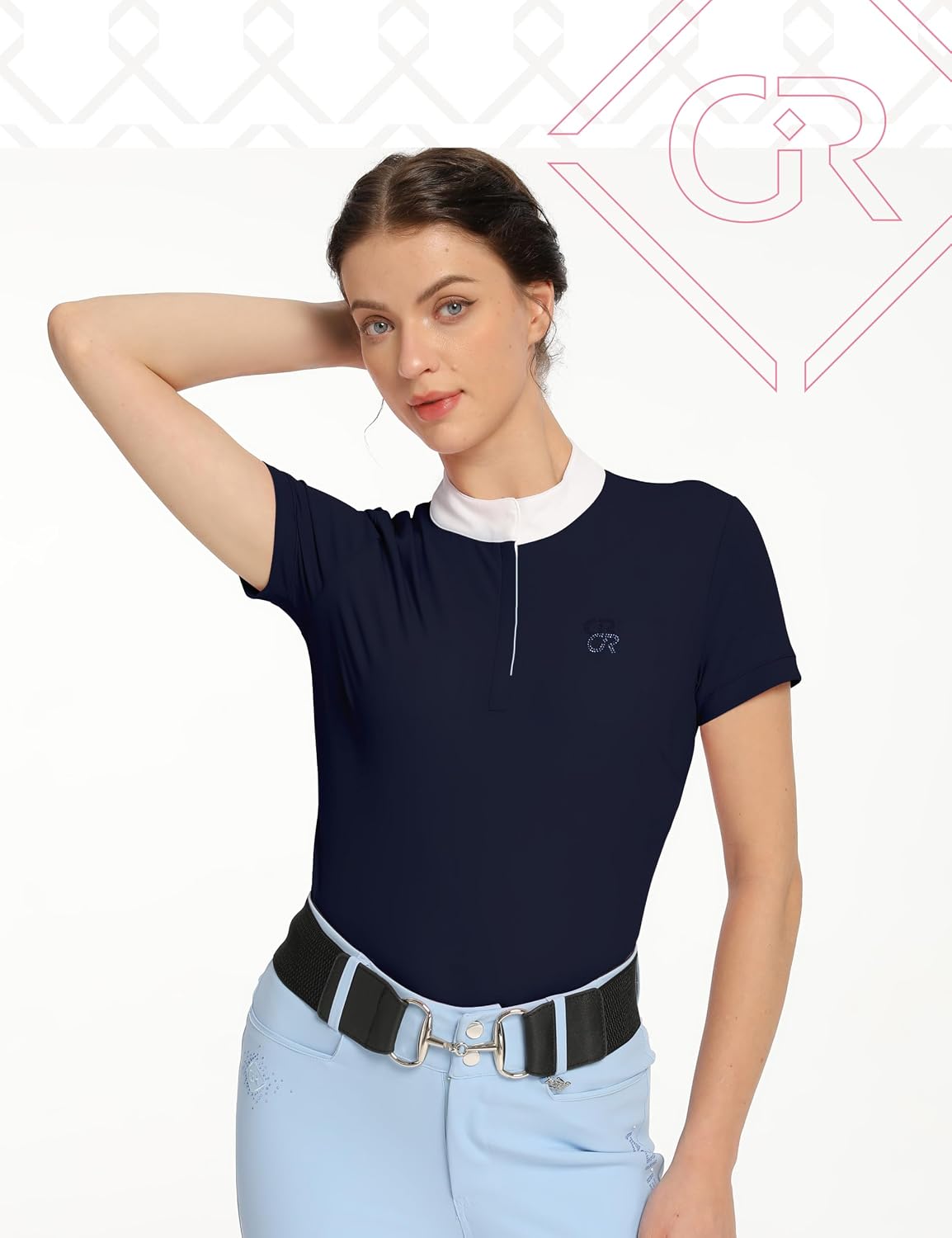 Women's Equestrian Show Shirt, Quarter Zip Short Sleeve Riding Top, Breathable Horse Riding Performance Shirt