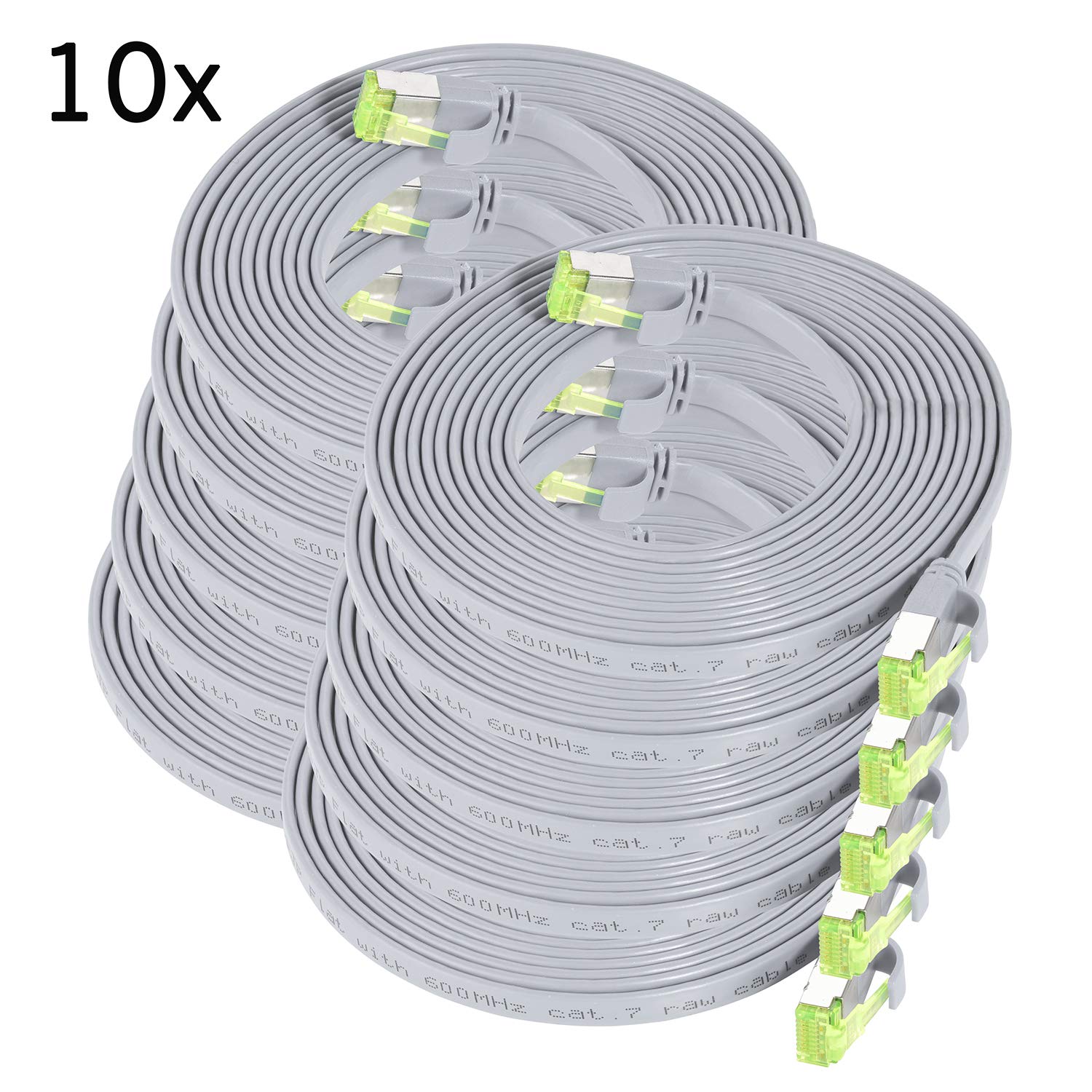 10er Pack 5er Pack CAT.7 hochwertiges Premium Netzwerkkabel flach mit RJ45 Anschluss | LAN Kabel | 5m | grau |Abschirmung durch U/FTP | kompatibel mit Router, Modem, Switch