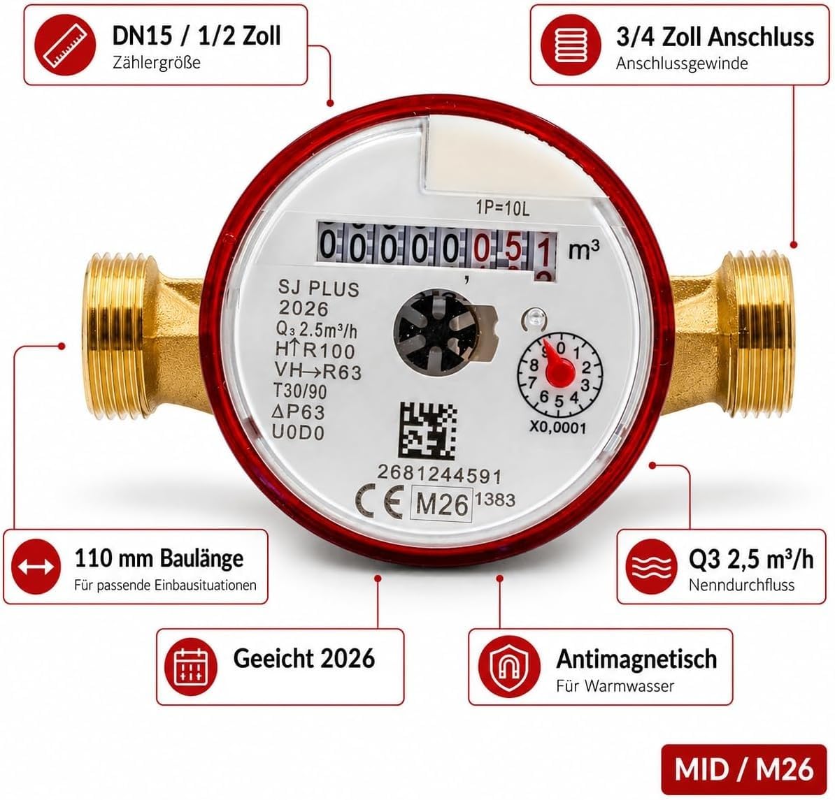 Contador de agua caliente DN15 1/2 pulgada de chorro único, Q3 2,5 m³/h, longitud 110 mm, rosca 3/4 pulgada, antimagnético, conforme MID, marcado M26 (2026)