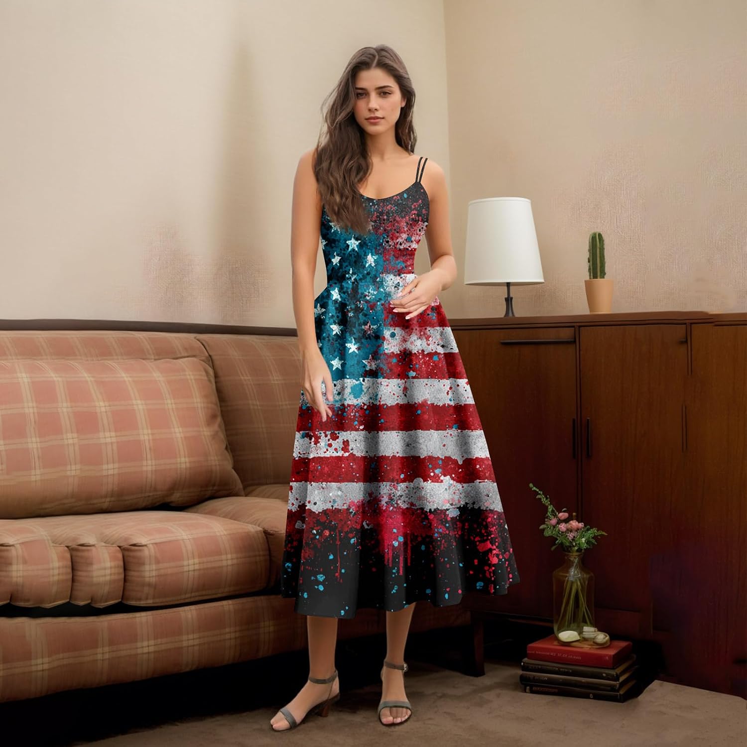 4Th of July Dress USA Flag Patriotic Sexy Cami Dresses Independence Day Swing A Line Spaghetti Strap Sundress, S-3XL
