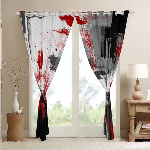 Miniatura 4 de Feelyou Cortinas opacas abstractas modernas de arte abstracto para dormitorio, sala de estar, niños, patrón rojo, gris, negro, patrón de