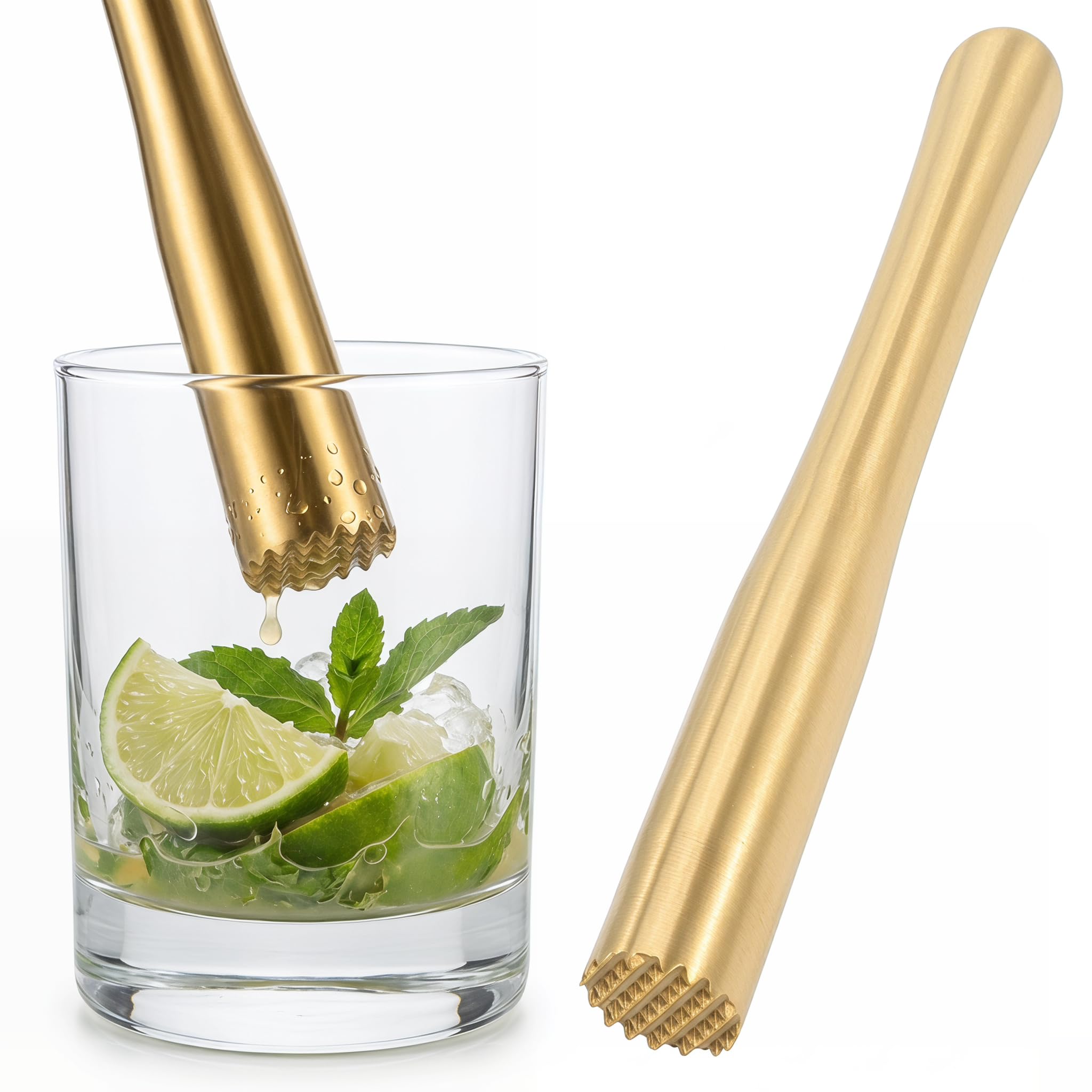 Beavorty Cocktail Muddler Stainless Steel Stirring Rod Drink Pestle Mixer Gold Barware Tool Fruit Grinding Stick Grooved Head Masher Ice Crusher Metal Home Bartender Essentials