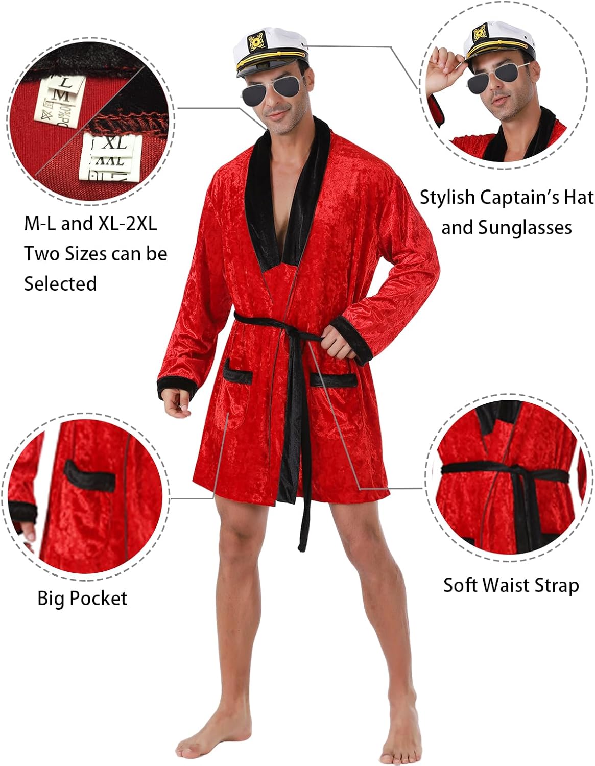 Halloween Men's Red Velvet Robe Smoking Jacket, Adult Halloween Costumes with Belt Captain Hat - Image 4
